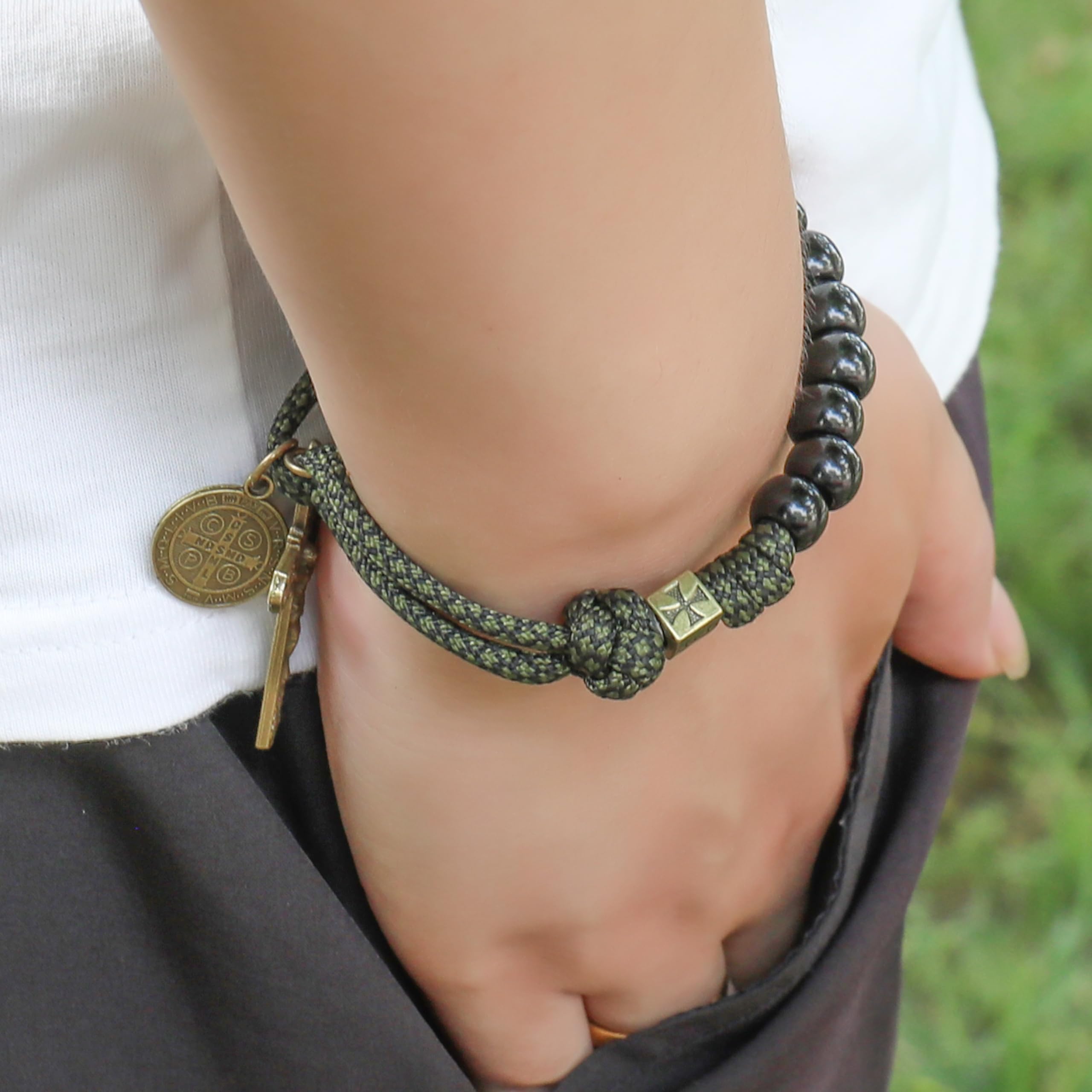 Nazareth Store NEW Antique Bronze One Decade Rosary Black Matte Beads Green Paracord Rosary Bracelet Handmade Catholic Travel Friendly Prayer - Image 6