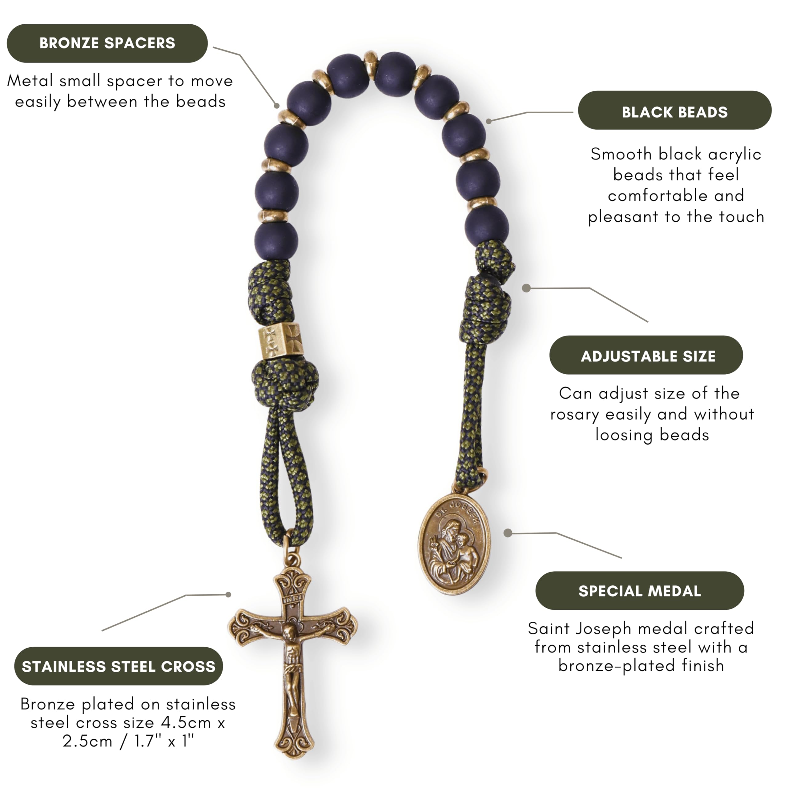 Nazareth Store NEW Antique Bronze One Decade Rosary Black Matte Beads Green Paracord Rosary Bracelet Handmade Catholic Travel Friendly Prayer - Image 3