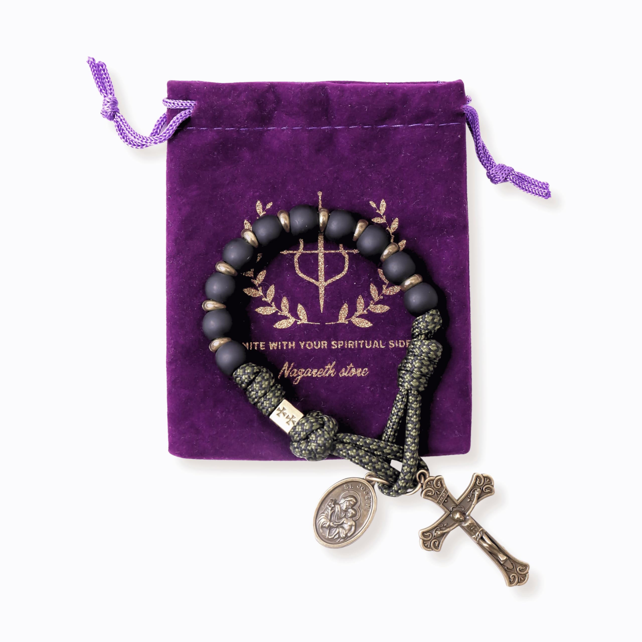 Nazareth Store NEW Antique Bronze One Decade Rosary Black Matte Beads Green Paracord Rosary Bracelet Handmade Catholic Travel Friendly Prayer - Image 5