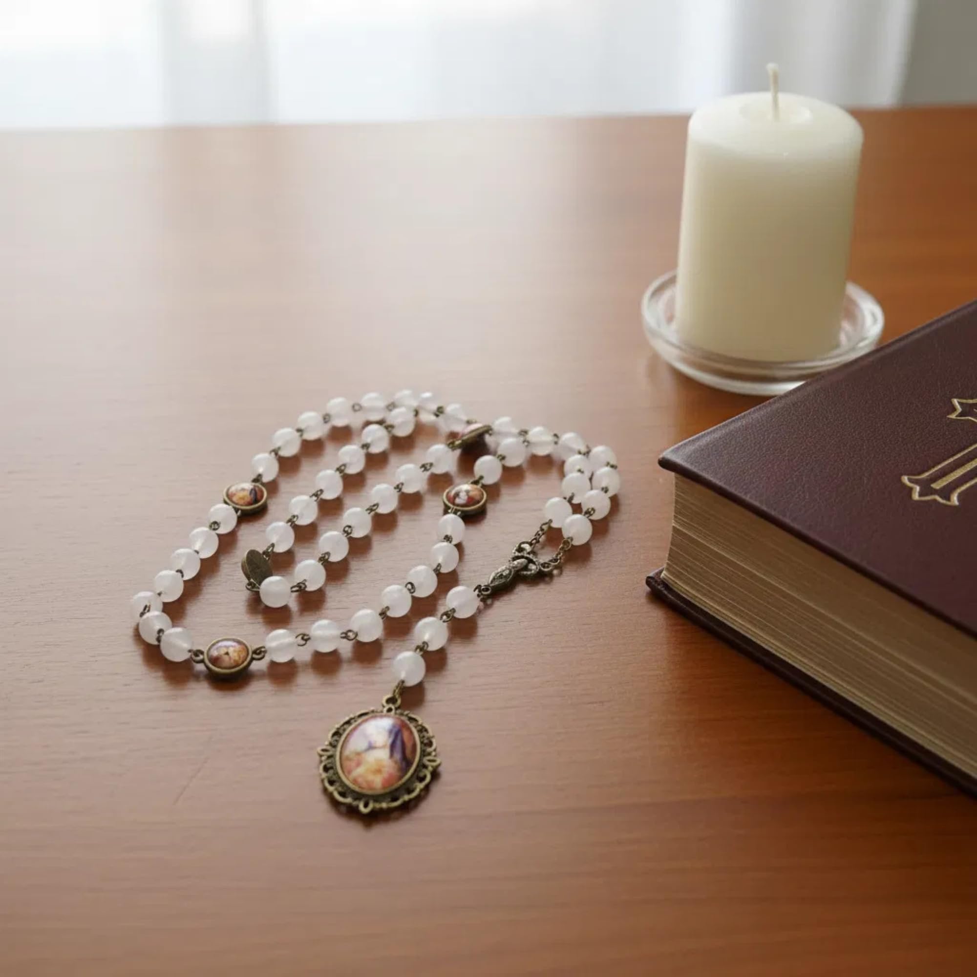 Nazareth Store Our Lady of Sorrows Stone Beads Rosary Solid Beaded Chaplet Necklace with Epoxy 7 Seven Sorrows Medallion - Image 3