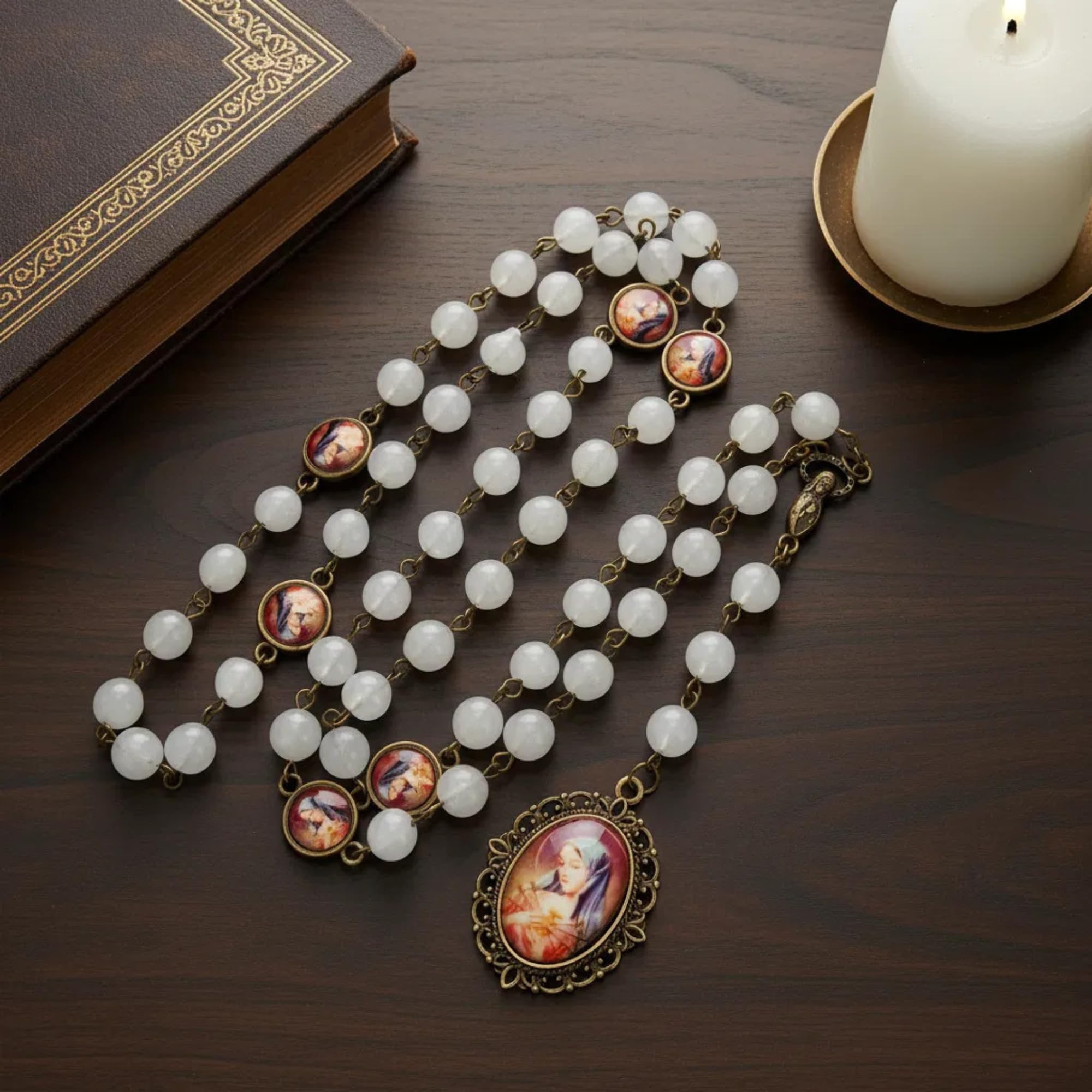 Nazareth Store Our Lady of Sorrows Stone Beads Rosary Solid Beaded Chaplet Necklace with Epoxy 7 Seven Sorrows Medallion - Image 5