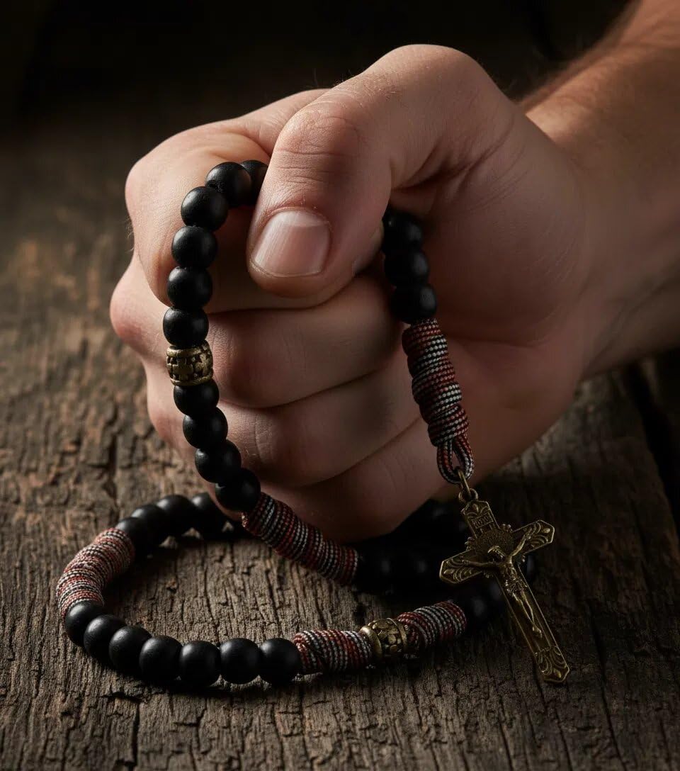 Nazareth Store Paracord Rosary Necklace 8mm Black Beads Antique Bronze Strong Rugged Corded Catholic Rosary with St.Michael Medal & Cross Crucifix - Image 3