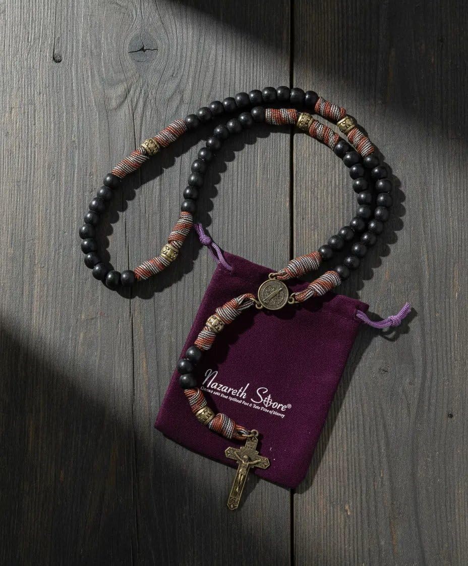 Nazareth Store Paracord Rosary Necklace 8mm Black Beads Antique Bronze Strong Rugged Corded Catholic Rosary with St.Michael Medal & Cross Crucifix - Image 4