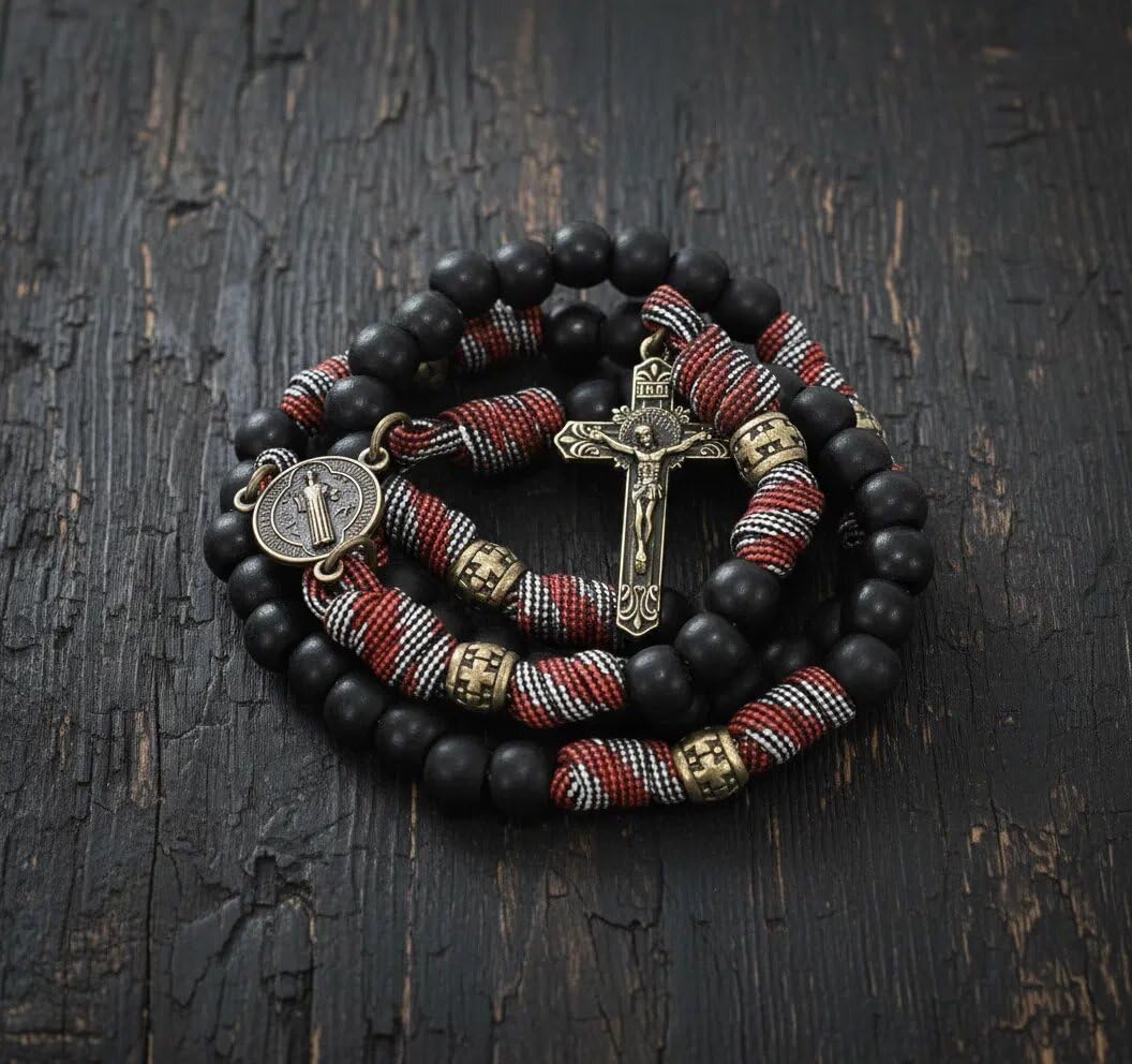 Nazareth Store Paracord Rosary Necklace 8mm Black Beads Antique Bronze Strong Rugged Corded Catholic Rosary with St.Michael Medal & Cross Crucifix - Image 5