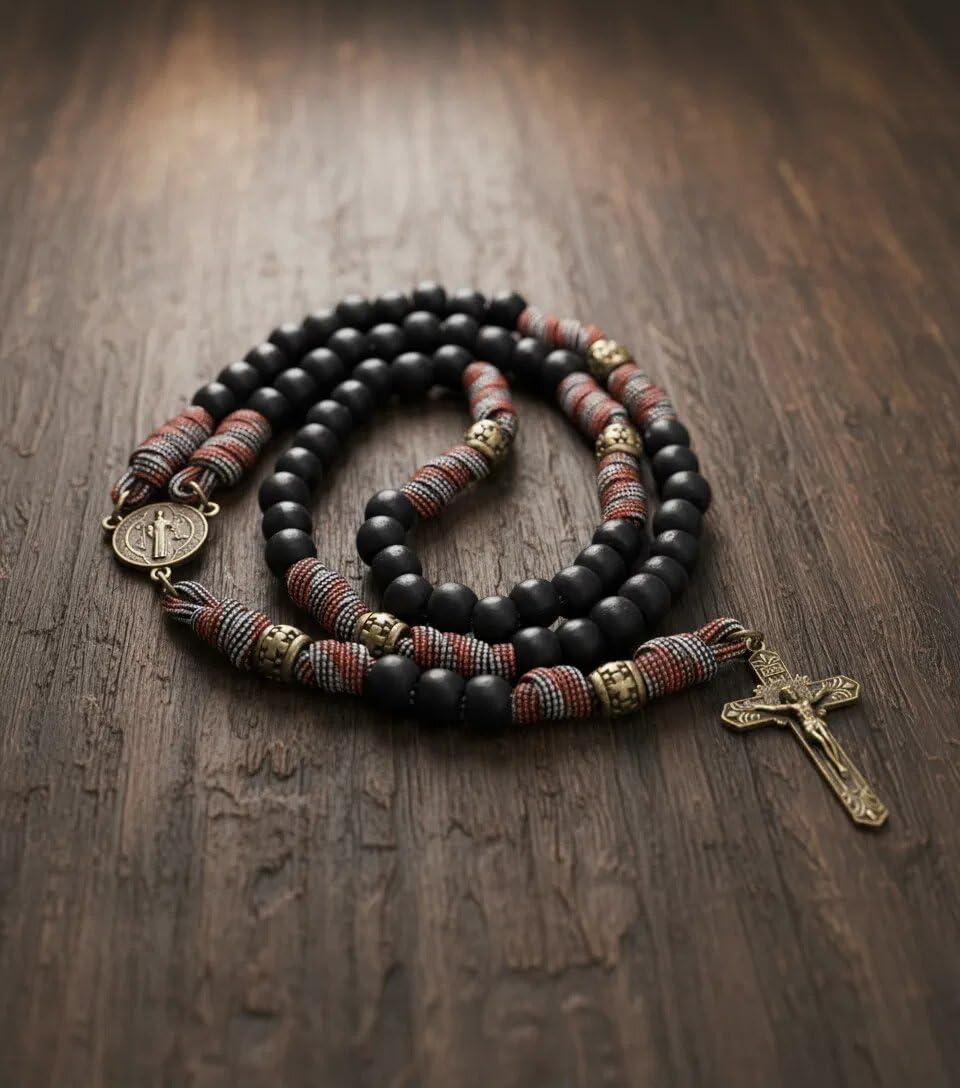 Nazareth Store Paracord Rosary Necklace 8mm Black Beads Antique Bronze Strong Rugged Corded Catholic Rosary with St.Michael Medal & Cross Crucifix - Image 6