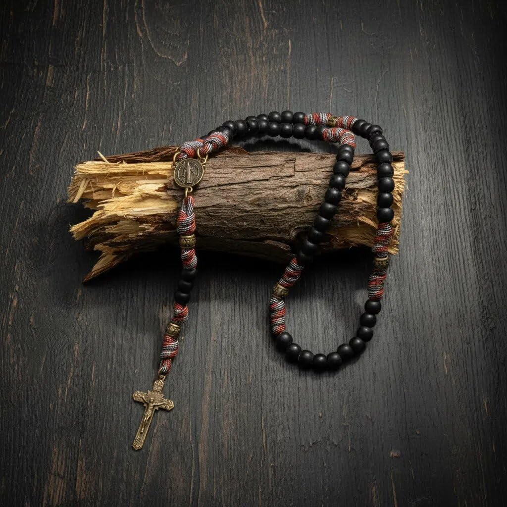 Nazareth Store Paracord Rosary Necklace 8mm Black Beads Antique Bronze Strong Rugged Corded Catholic Rosary with St.Michael Medal & Cross Crucifix - Image 7
