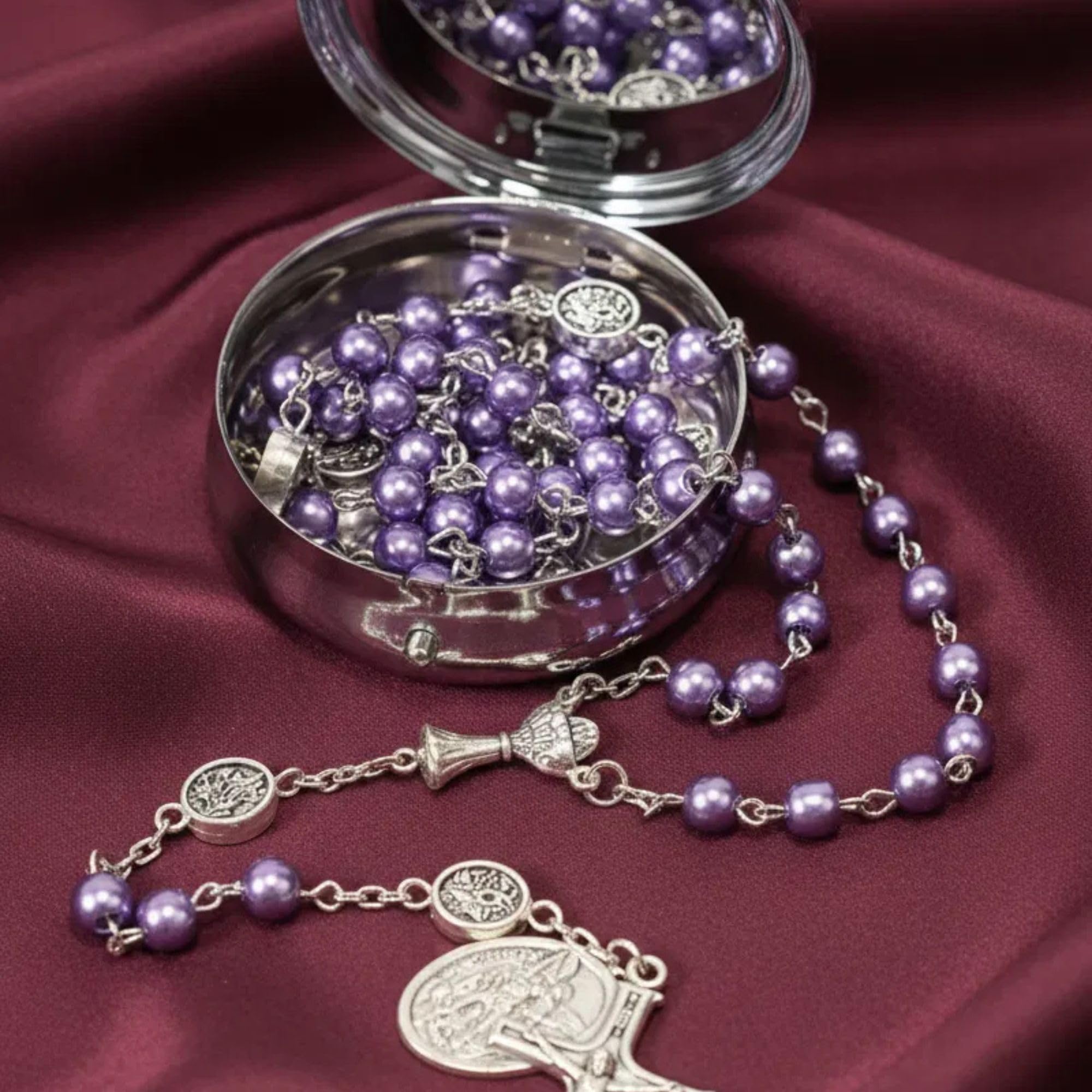 Nazareth Store Pearl 8mm Beads Rosary Necklace Guardian St.Michael Medal & Chalice Centerpiece Holy Communion Rosaries - Image 3