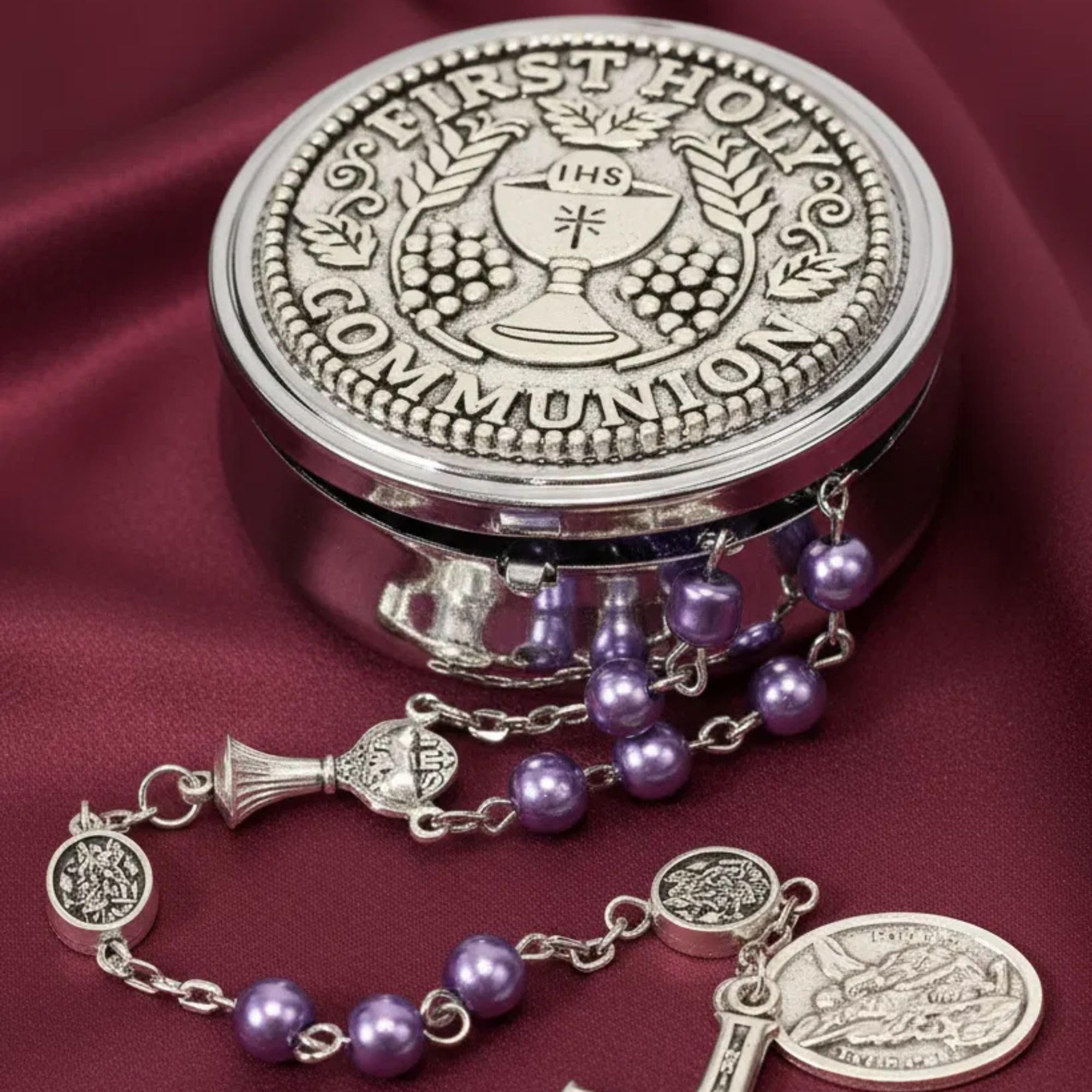 Nazareth Store Pearl 8mm Beads Rosary Necklace Guardian St.Michael Medal & Chalice Centerpiece Holy Communion Rosaries - Image 4