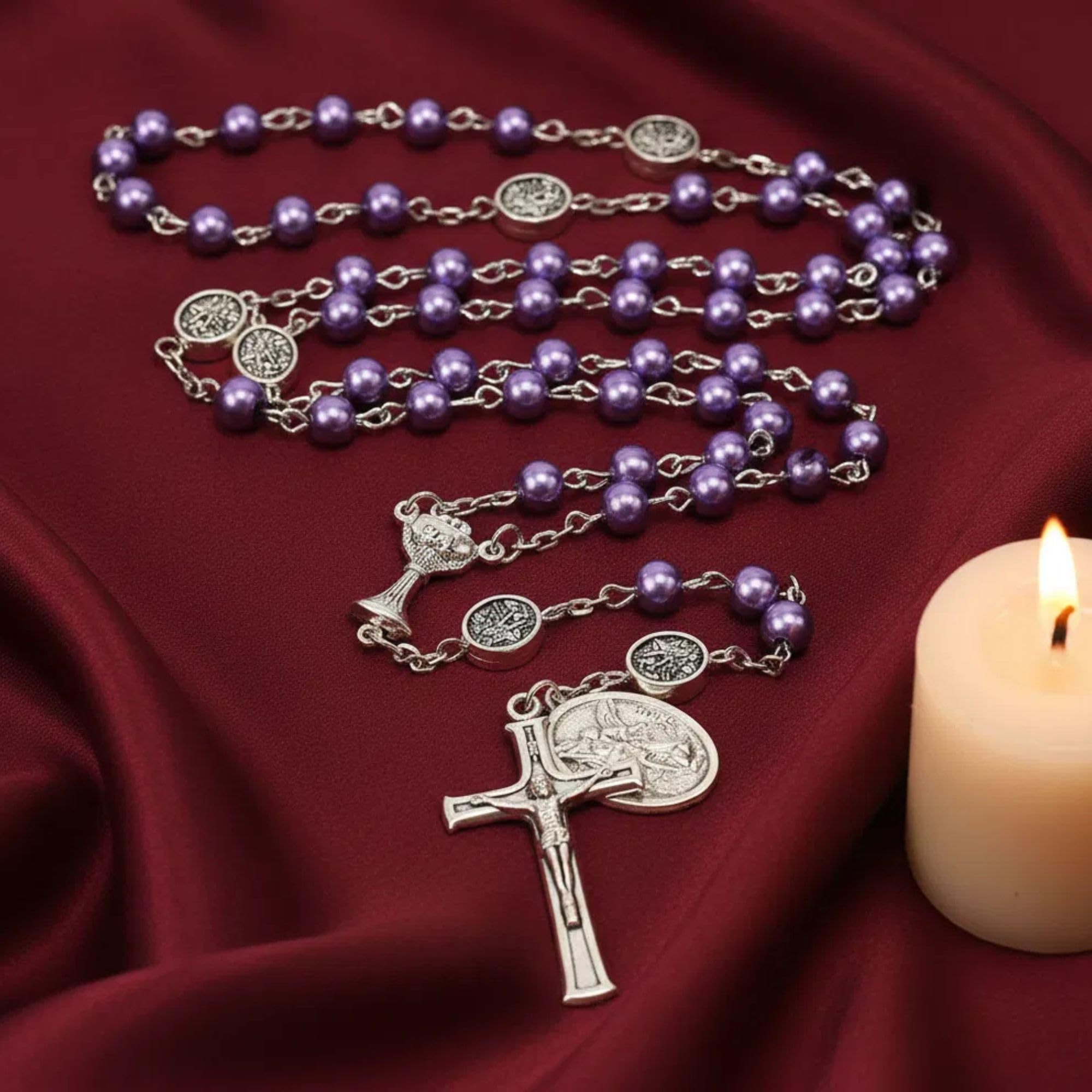 Nazareth Store Pearl 8mm Beads Rosary Necklace Guardian St.Michael Medal & Chalice Centerpiece Holy Communion Rosaries - Image 5