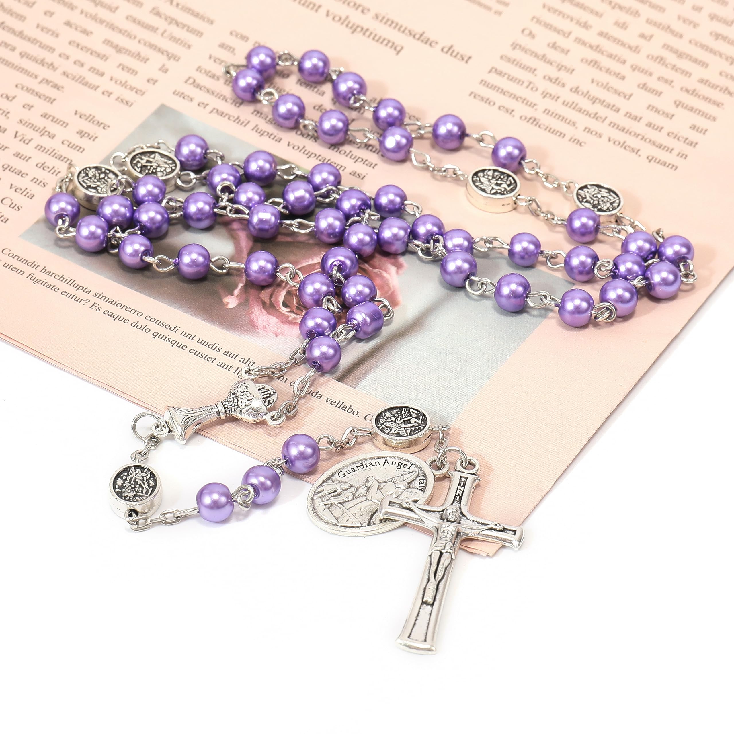 Nazareth Store Pearl 8mm Beads Rosary Necklace Guardian St.Michael Medal & Chalice Centerpiece Holy Communion Rosaries - Image 7