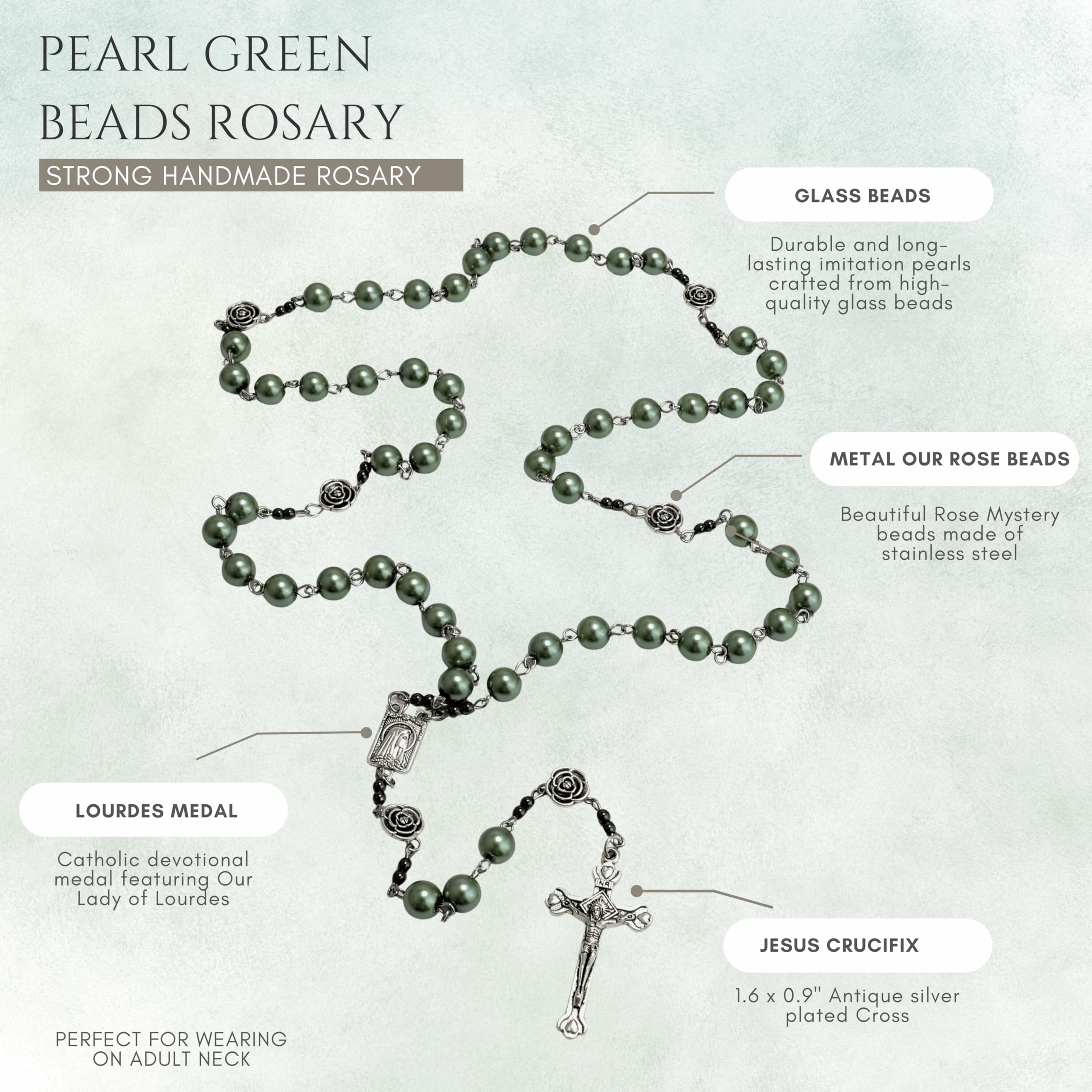 Nazareth Store Pearl Beads Rosary Metal Mystery Roses with Hematite stones, Catholic Rosary Necklace Our Rose Lourdes Medal & Cross Crucifix - Image 3