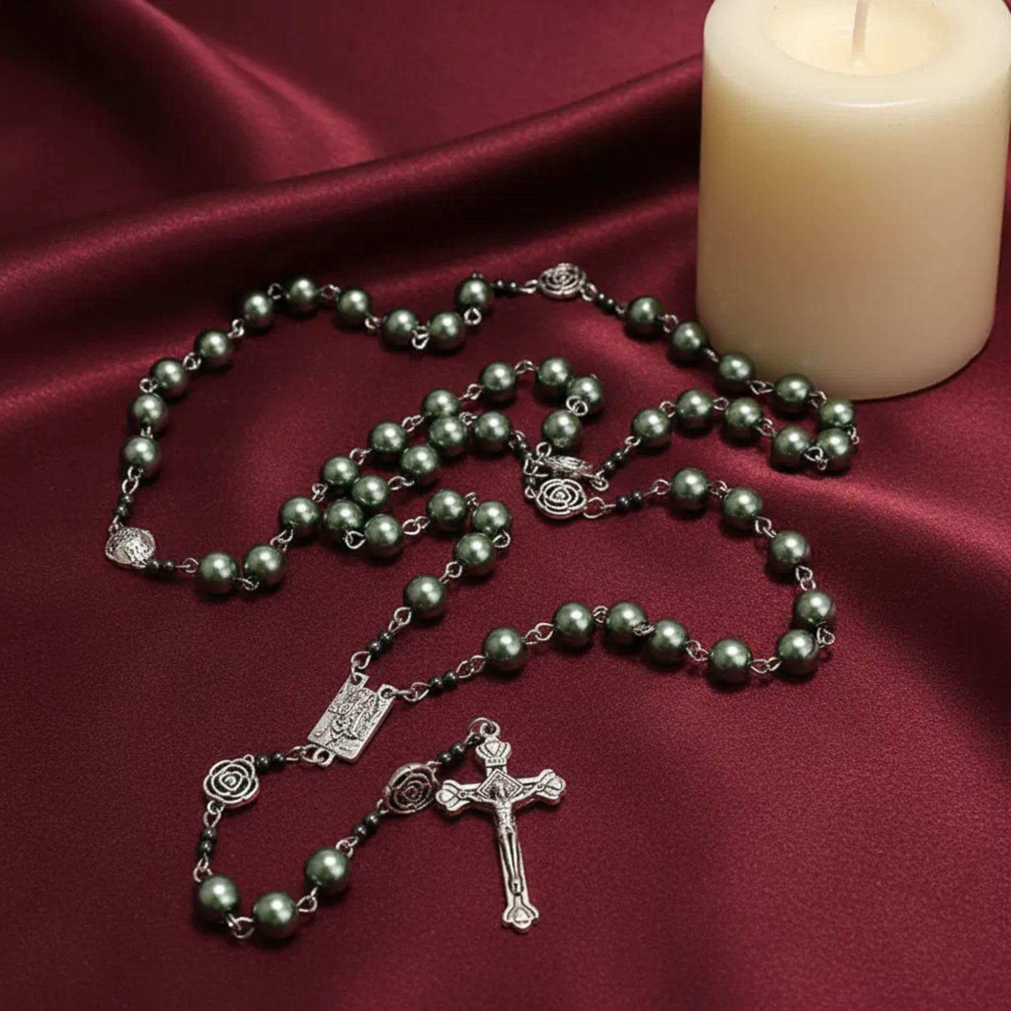 Nazareth Store Pearl Beads Rosary Metal Mystery Roses with Hematite stones, Catholic Rosary Necklace Our Rose Lourdes Medal & Cross Crucifix - Image 6