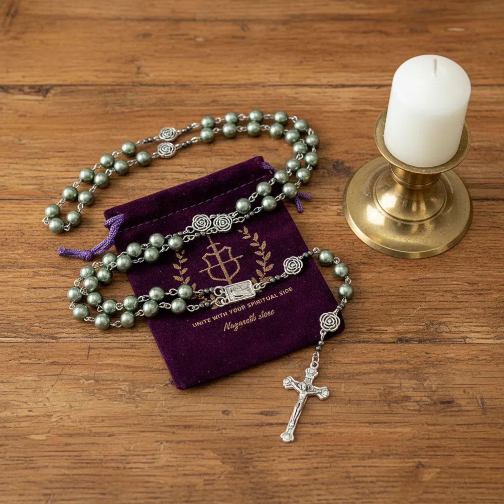 Nazareth Store Pearl Beads Rosary Metal Mystery Roses with Hematite stones, Catholic Rosary Necklace Our Rose Lourdes Medal & Cross Crucifix - Image 7