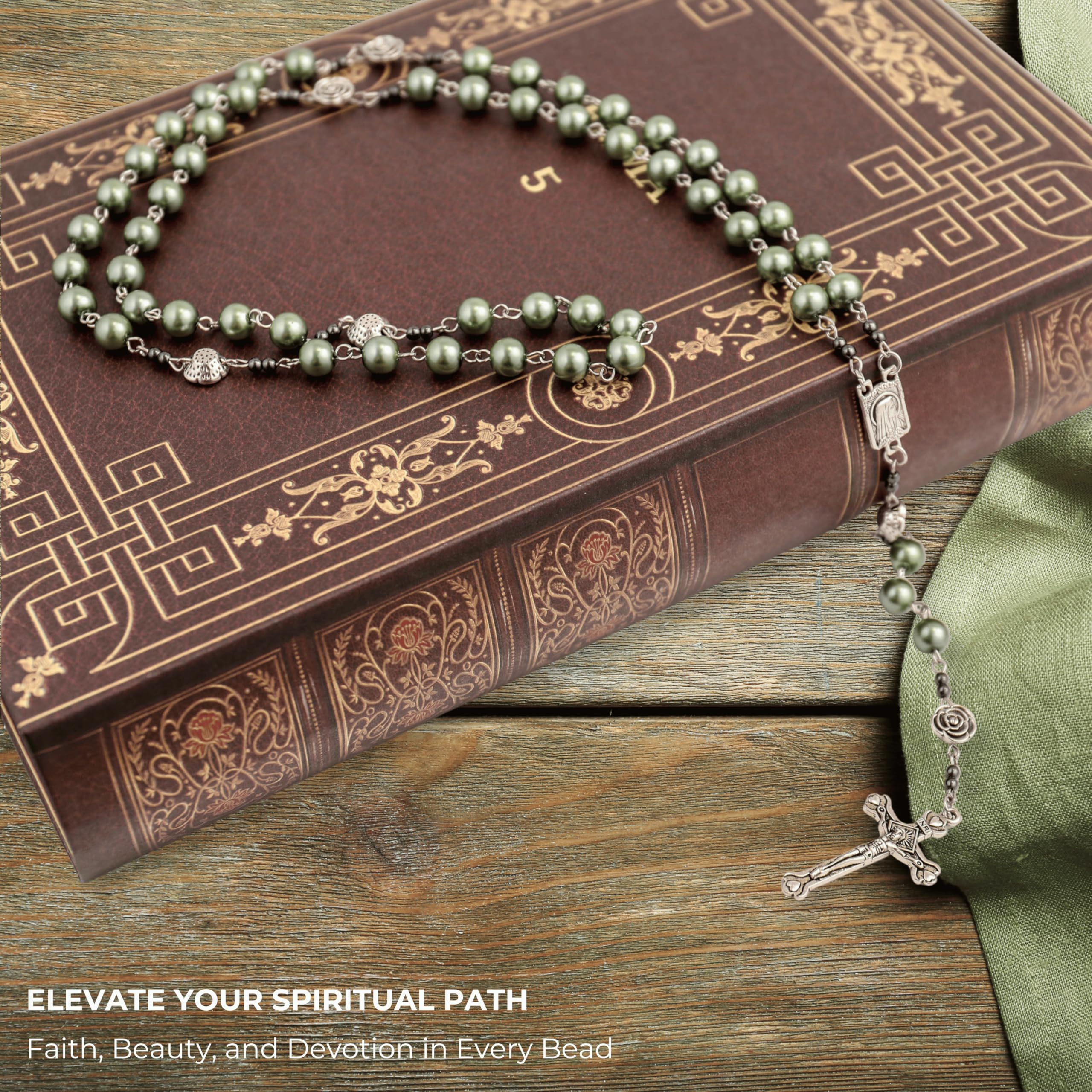 Nazareth Store Pearl Beads Rosary Metal Mystery Roses with Hematite stones, Catholic Rosary Necklace Our Rose Lourdes Medal & Cross Crucifix - Image 8