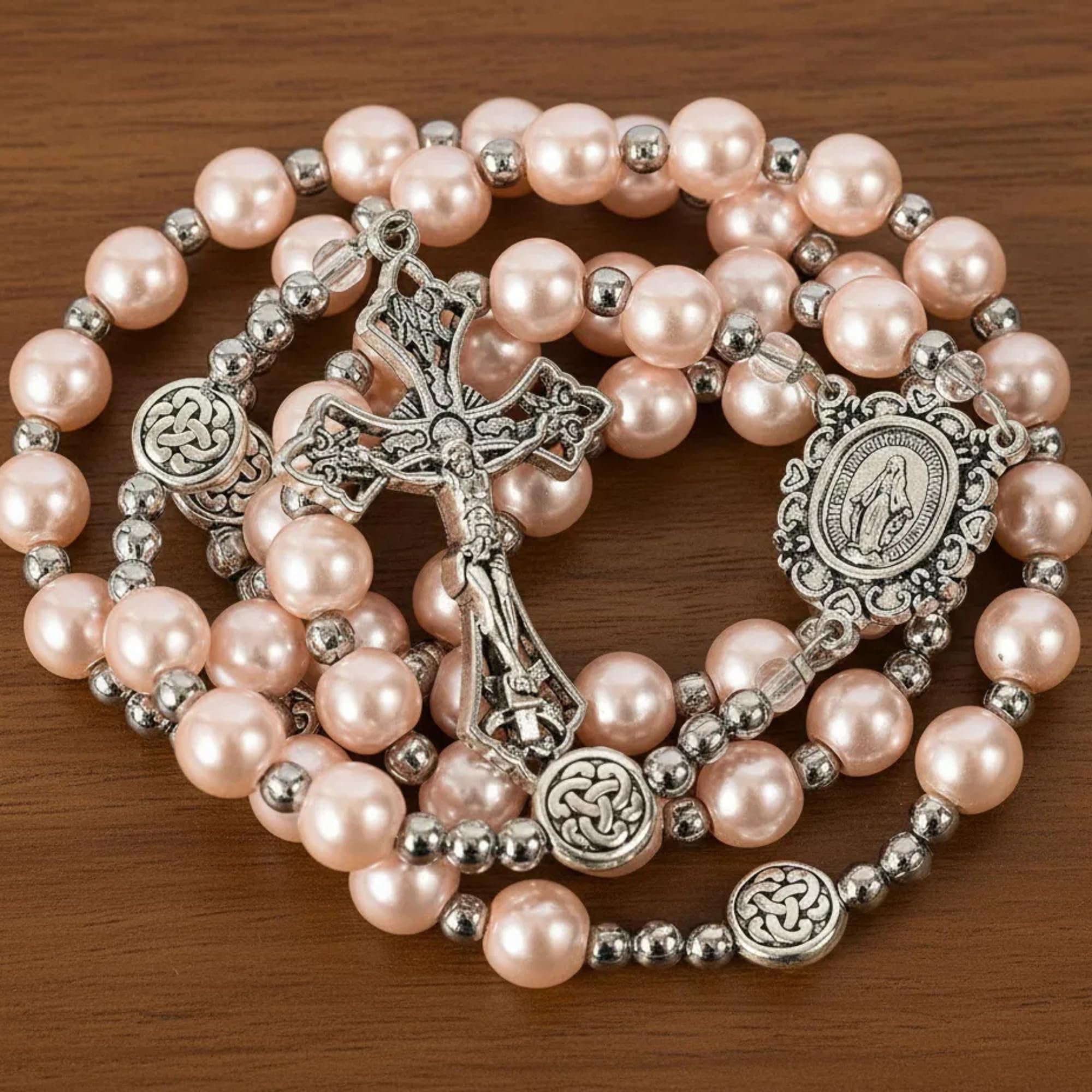 Nazareth Store Pearl Beads Rosary Miraculous Prayer Necklace Strong Metal Mystery Beaded Rosary for Men & Women - Image 4