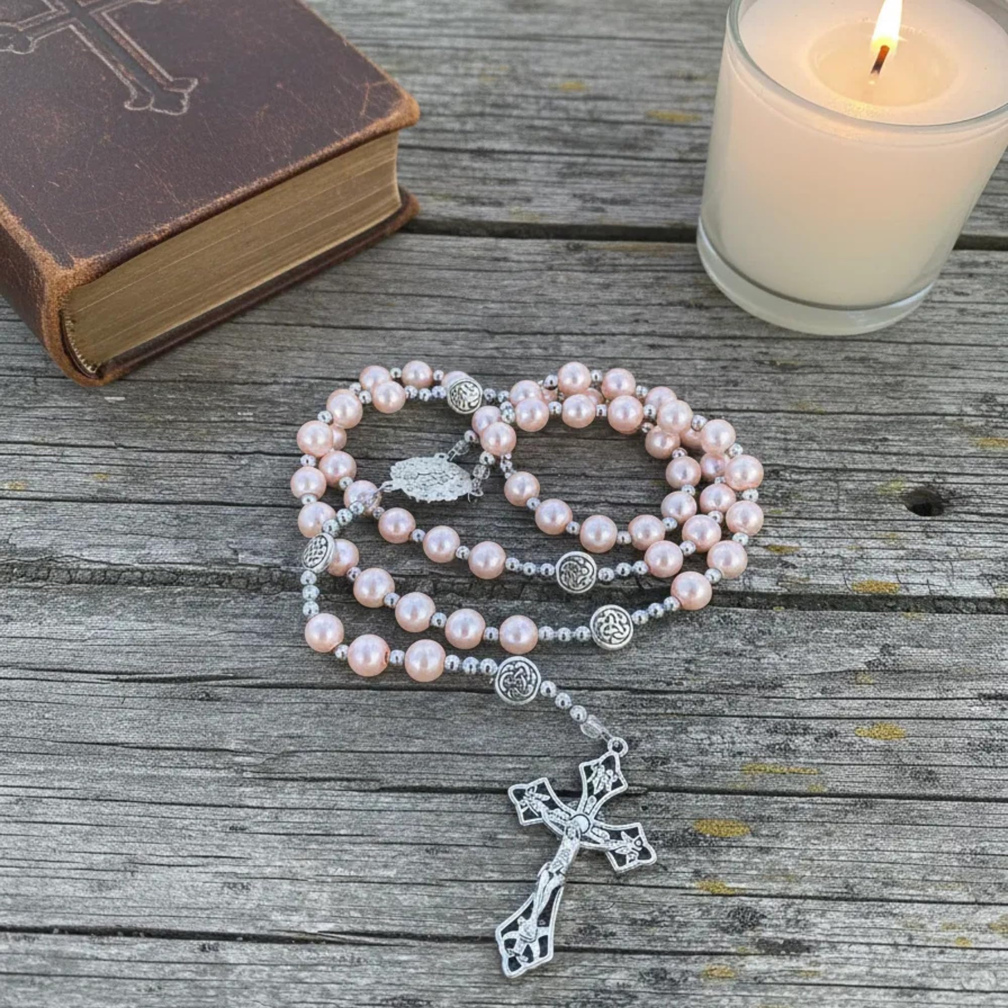 Nazareth Store Pearl Beads Rosary Miraculous Prayer Necklace Strong Metal Mystery Beaded Rosary for Men & Women - Image 6