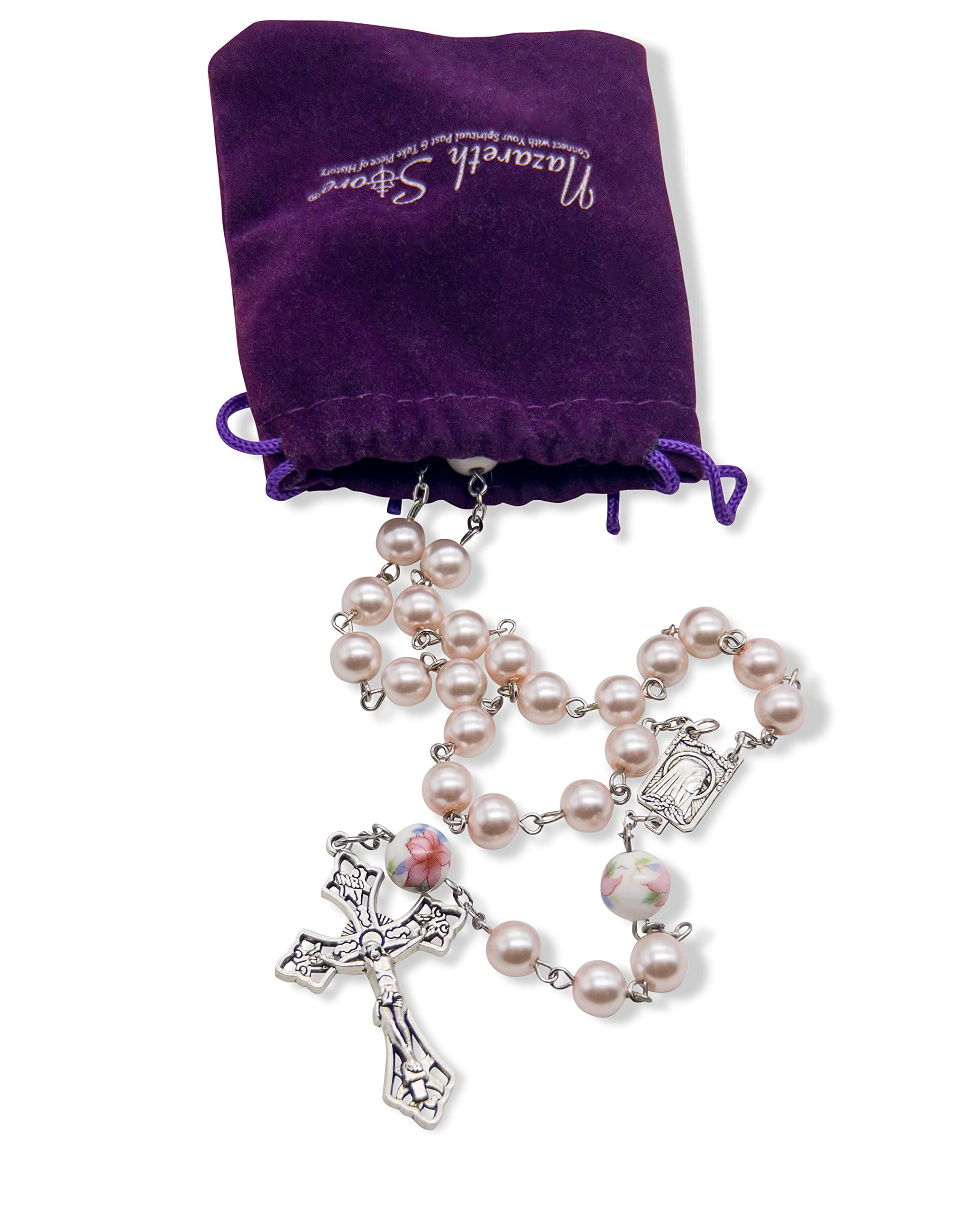 Nazareth Store Pearl Beads Rosary White Flowers Beaded Necklace Lourdes Medal & Cross Crucifix - Image 3