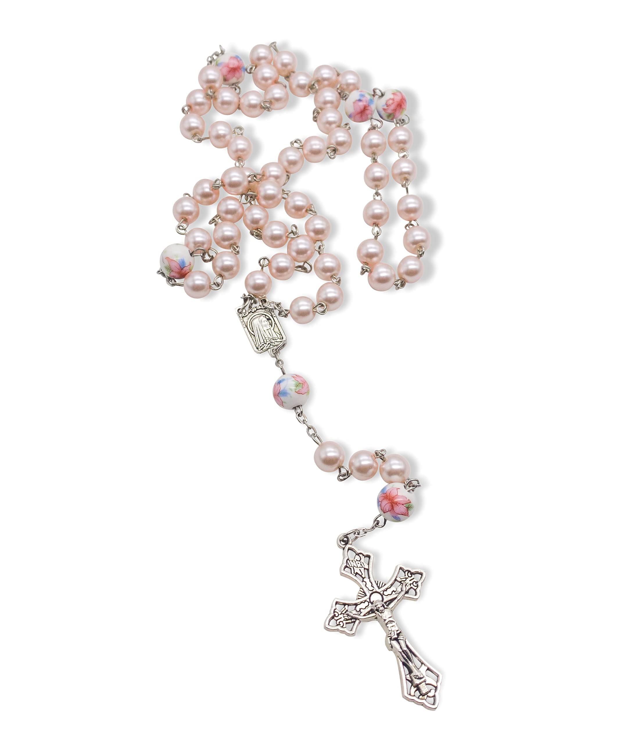 Nazareth Store Pearl Beads Rosary White Flowers Beaded Necklace Lourdes Medal & Cross Crucifix - Image 5