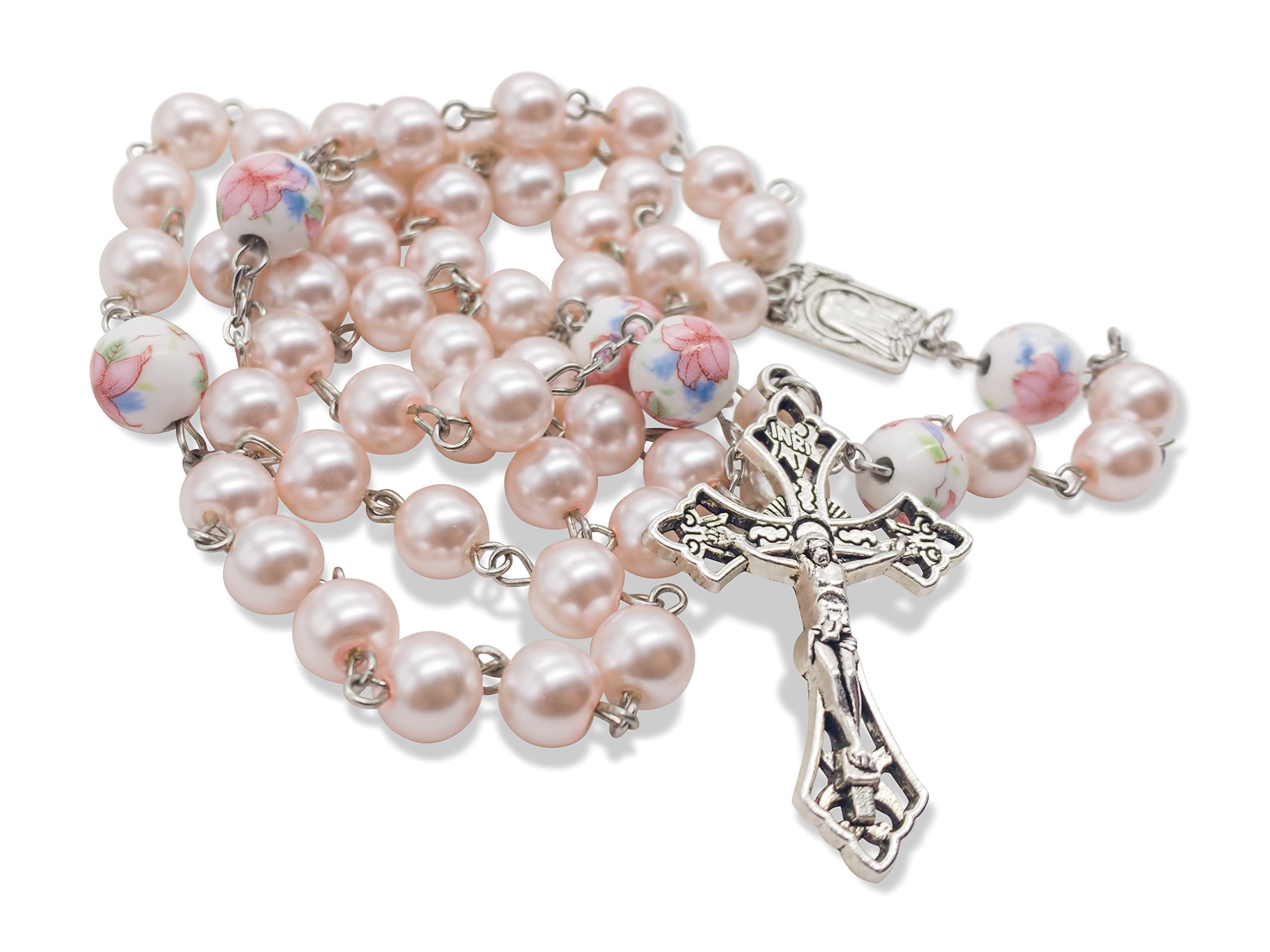 Nazareth Store Pearl Beads Rosary White Flowers Beaded Necklace Lourdes Medal & Cross Crucifix - Image 7