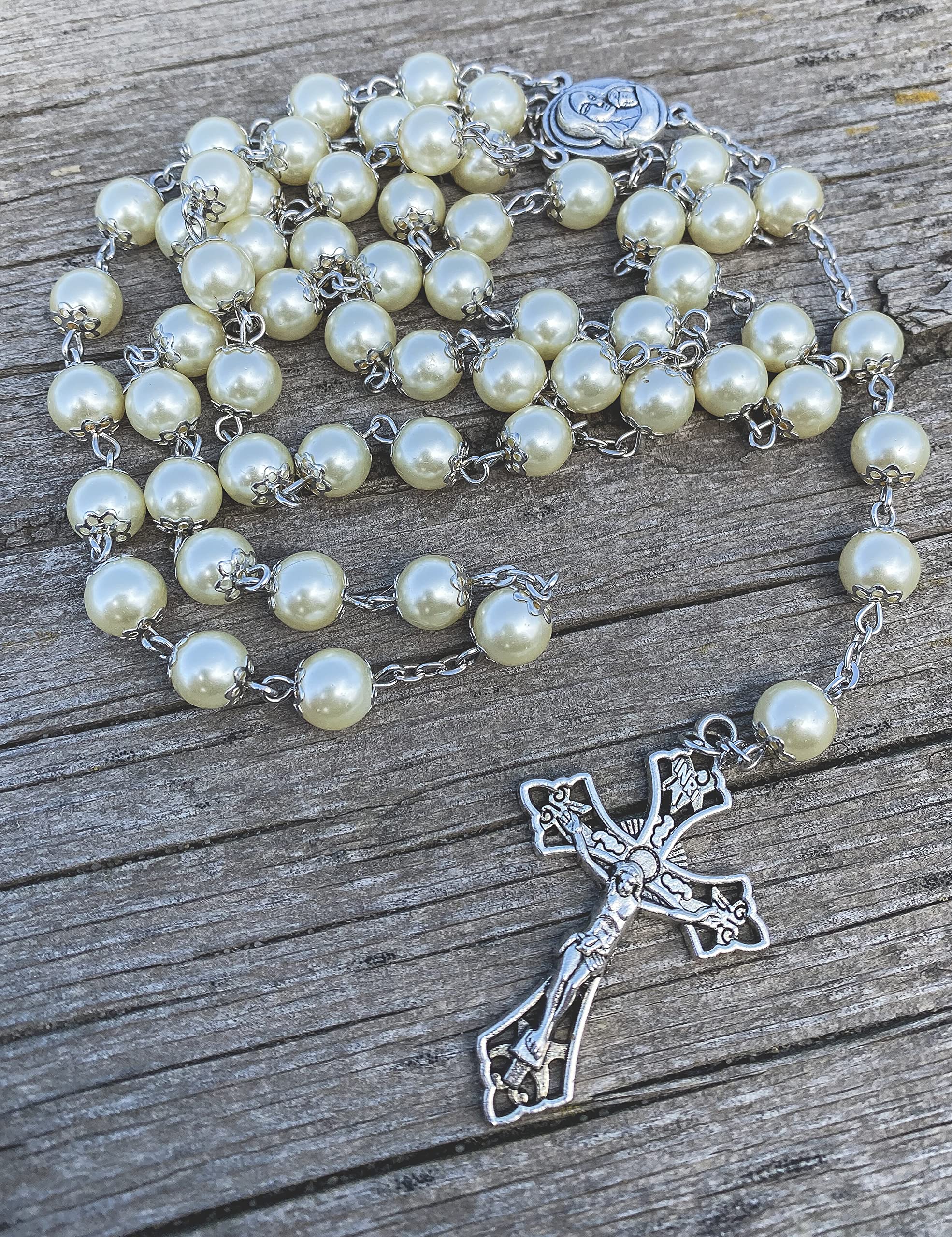 Nazareth Store Pearl Cream Beads Rosary Necklace Holy Soil Medal and Cross Catholic Rosaries for Women, Men - Image 3