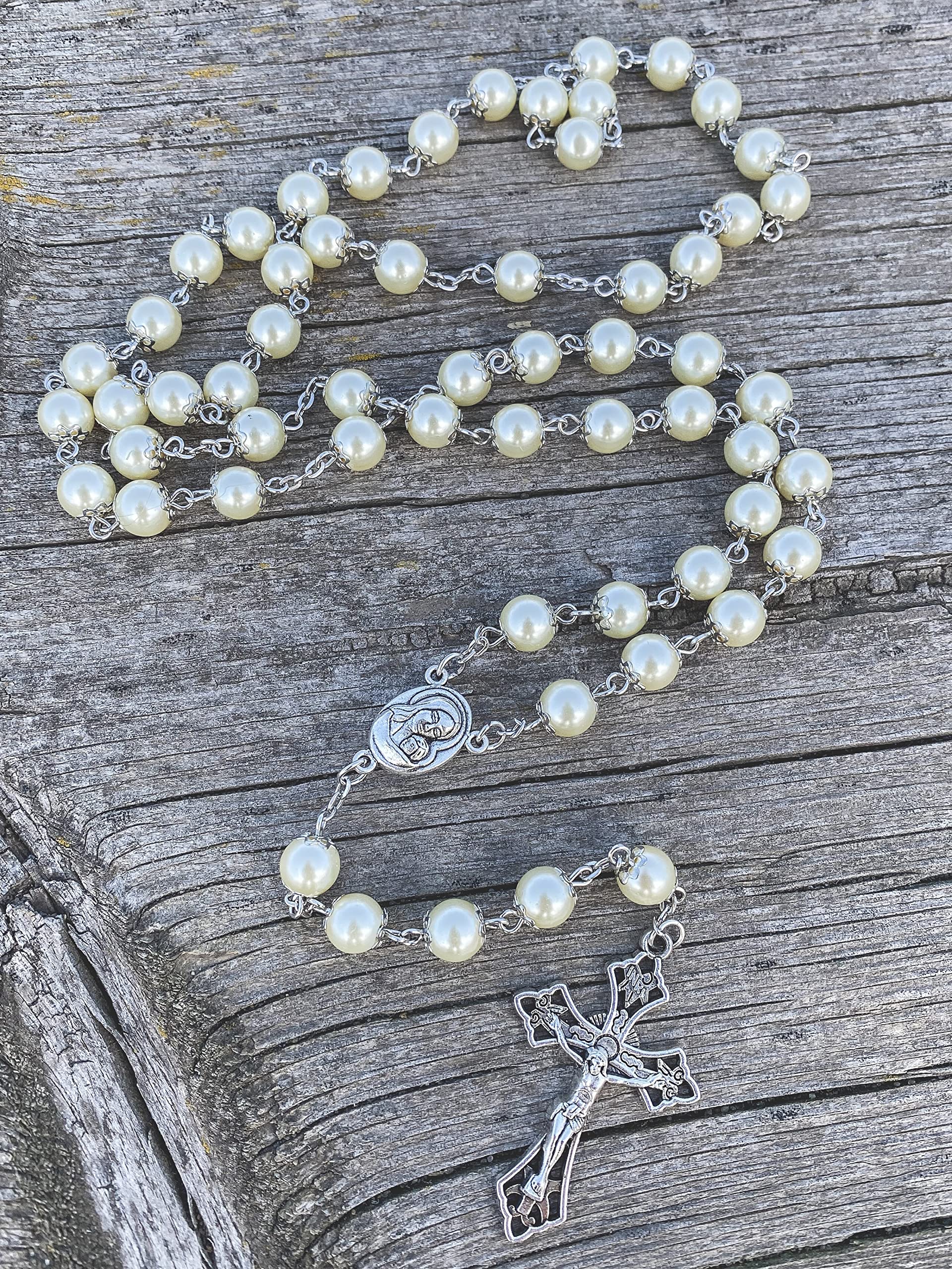 Nazareth Store Pearl Cream Beads Rosary Necklace Holy Soil Medal and Cross Catholic Rosaries for Women, Men - Image 4