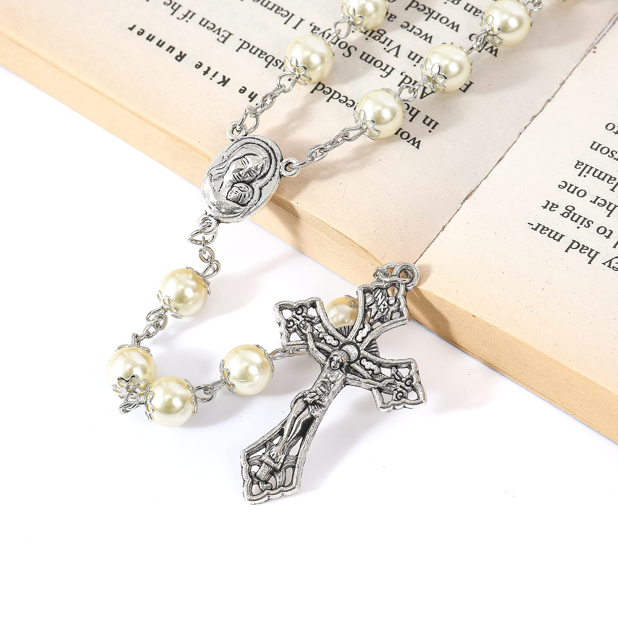Nazareth Store Pearl Cream Beads Rosary Necklace Holy Soil Medal and Cross Catholic Rosaries for Women, Men - Image 5