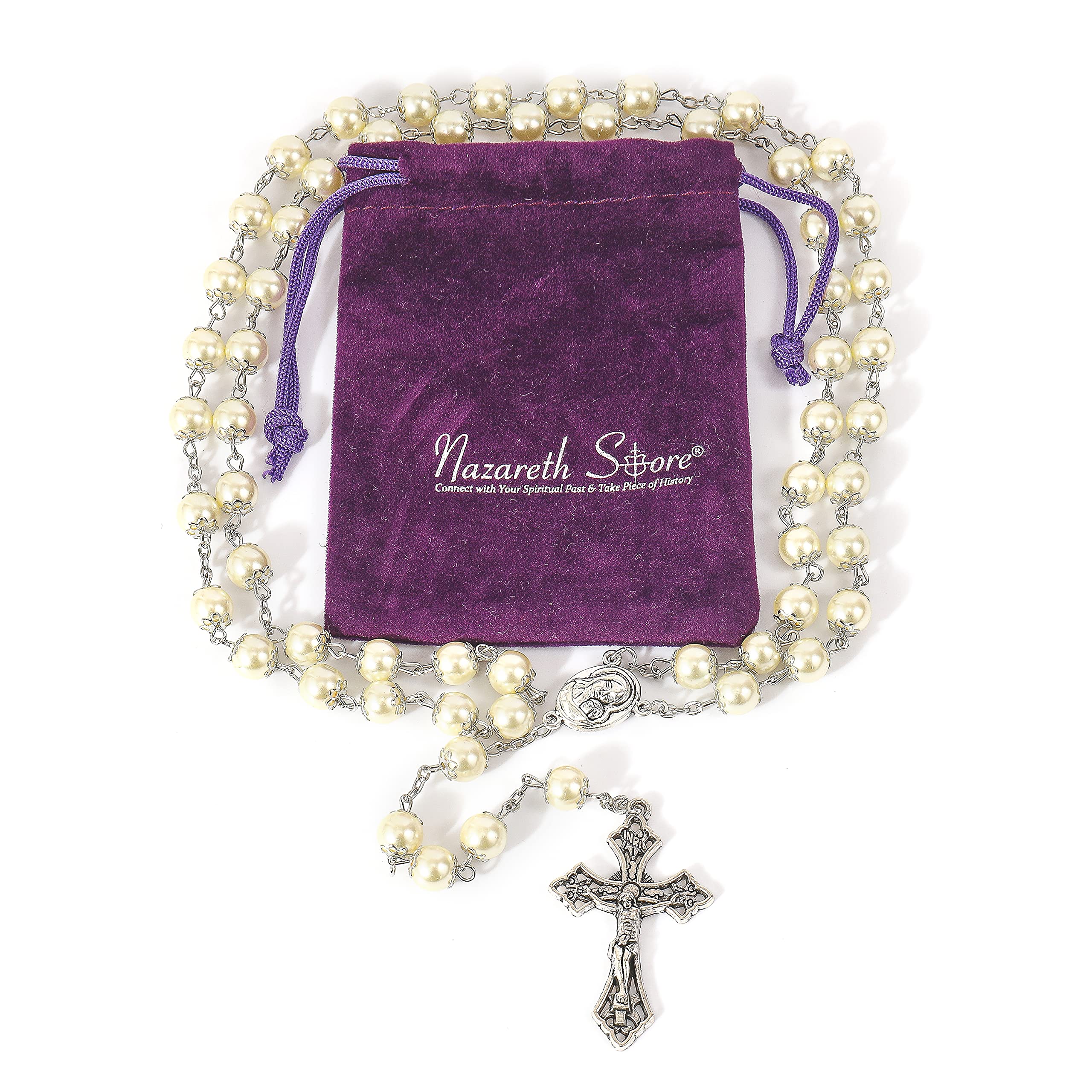 Nazareth Store Pearl Cream Beads Rosary Necklace Holy Soil Medal and Cross Catholic Rosaries for Women, Men - Image 6