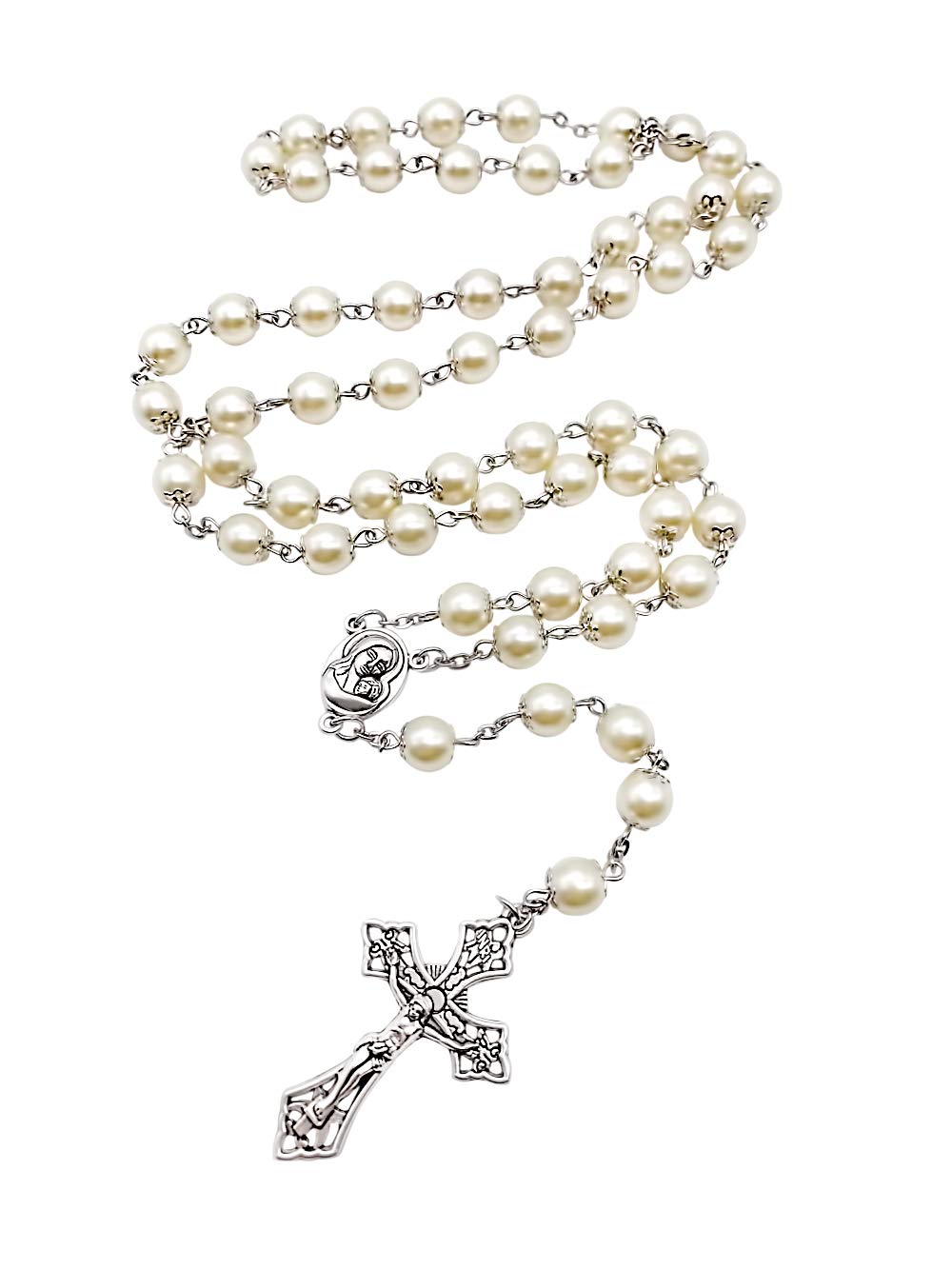 Nazareth Store Pearl Cream Beads Rosary Necklace Holy Soil Medal and Cross Catholic Rosaries for Women, Men - Image 7