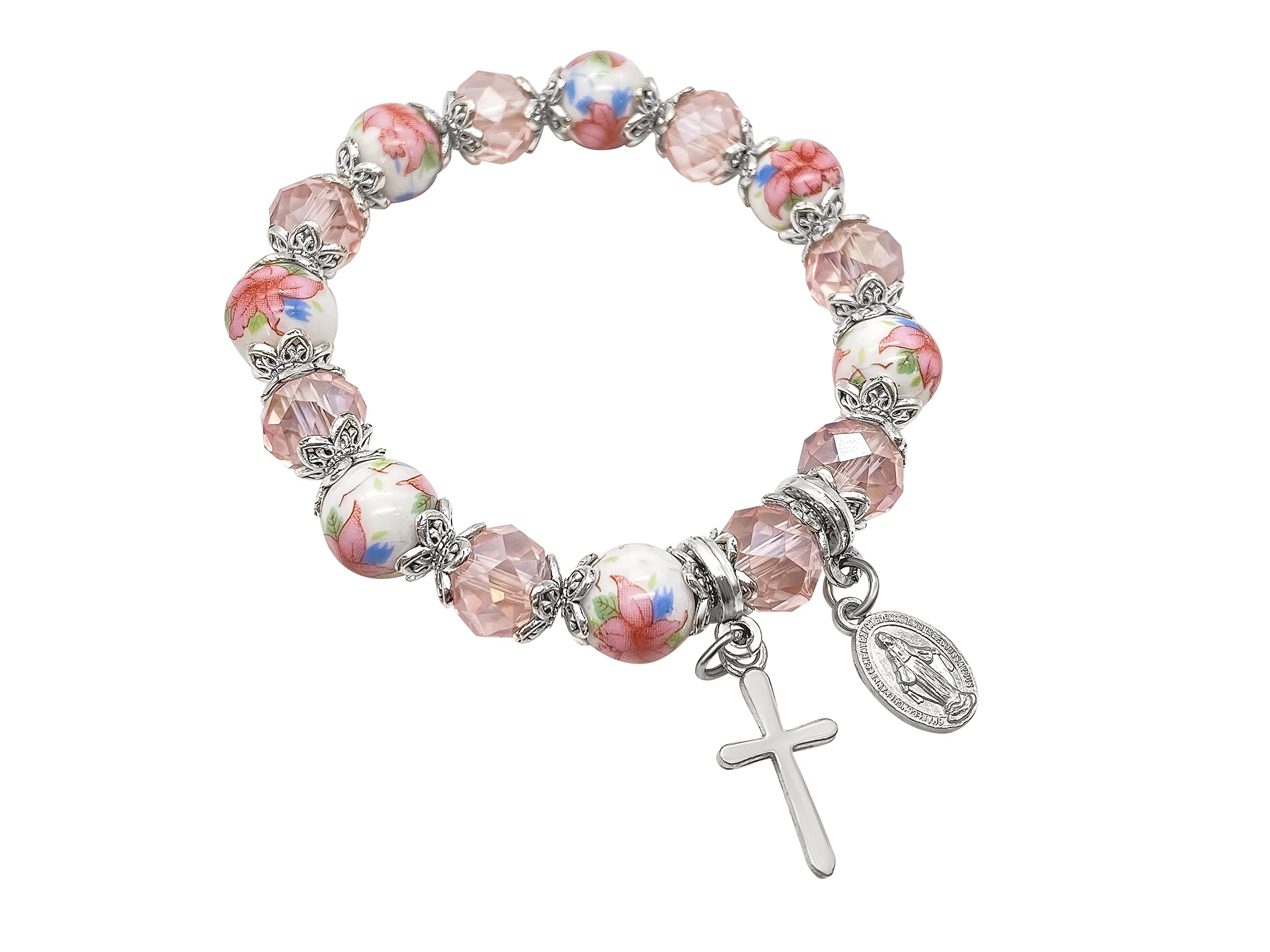 Nazareth Store Religious Cross Bracelet Pink Crystal Beaded Stretch Rosary Bracelet with Ceramic Flowers Beads Bangle Crucifix & Miraculous Medal Charm - Image 3