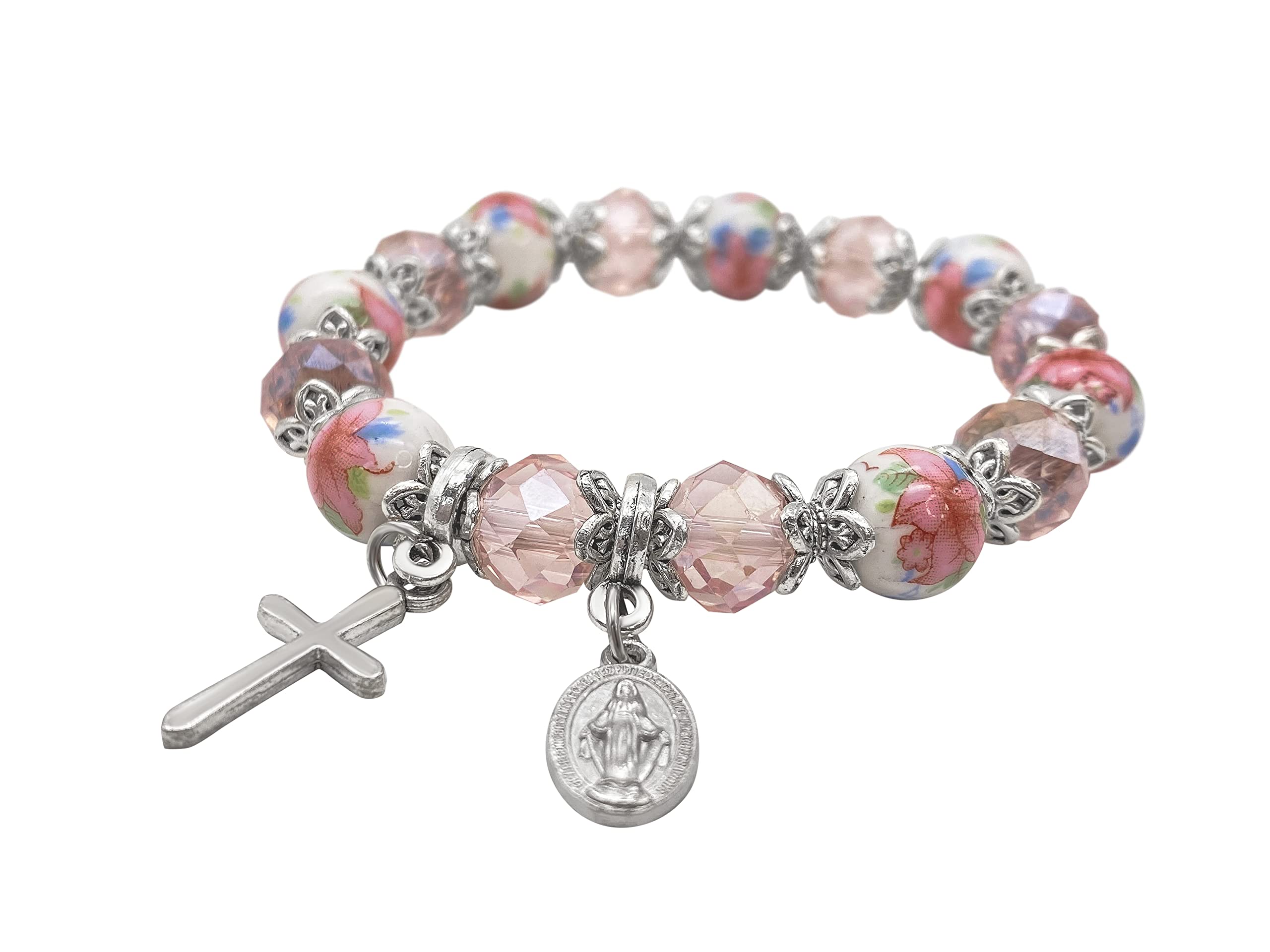 Nazareth Store Religious Cross Bracelet Pink Crystal Beaded Stretch Rosary Bracelet with Ceramic Flowers Beads Bangle Crucifix & Miraculous Medal Charm - Image 5