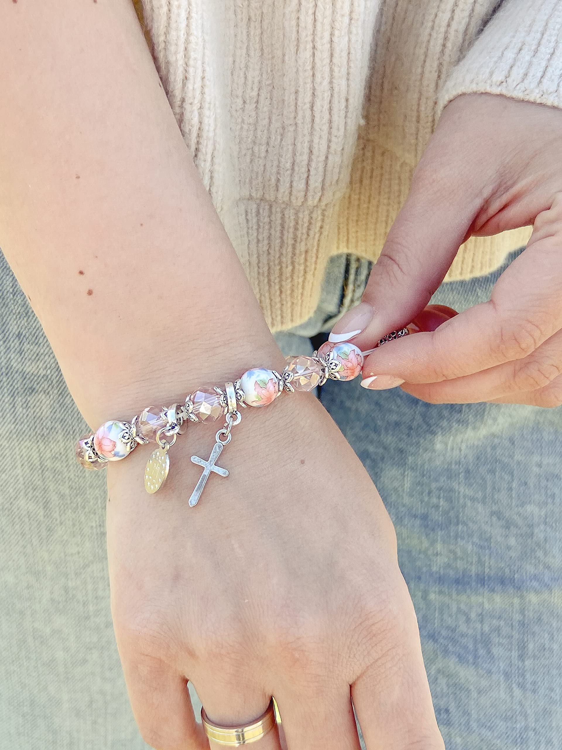 Nazareth Store Religious Cross Bracelet Pink Crystal Beaded Stretch Rosary Bracelet with Ceramic Flowers Beads Bangle Crucifix & Miraculous Medal Charm - Image 6