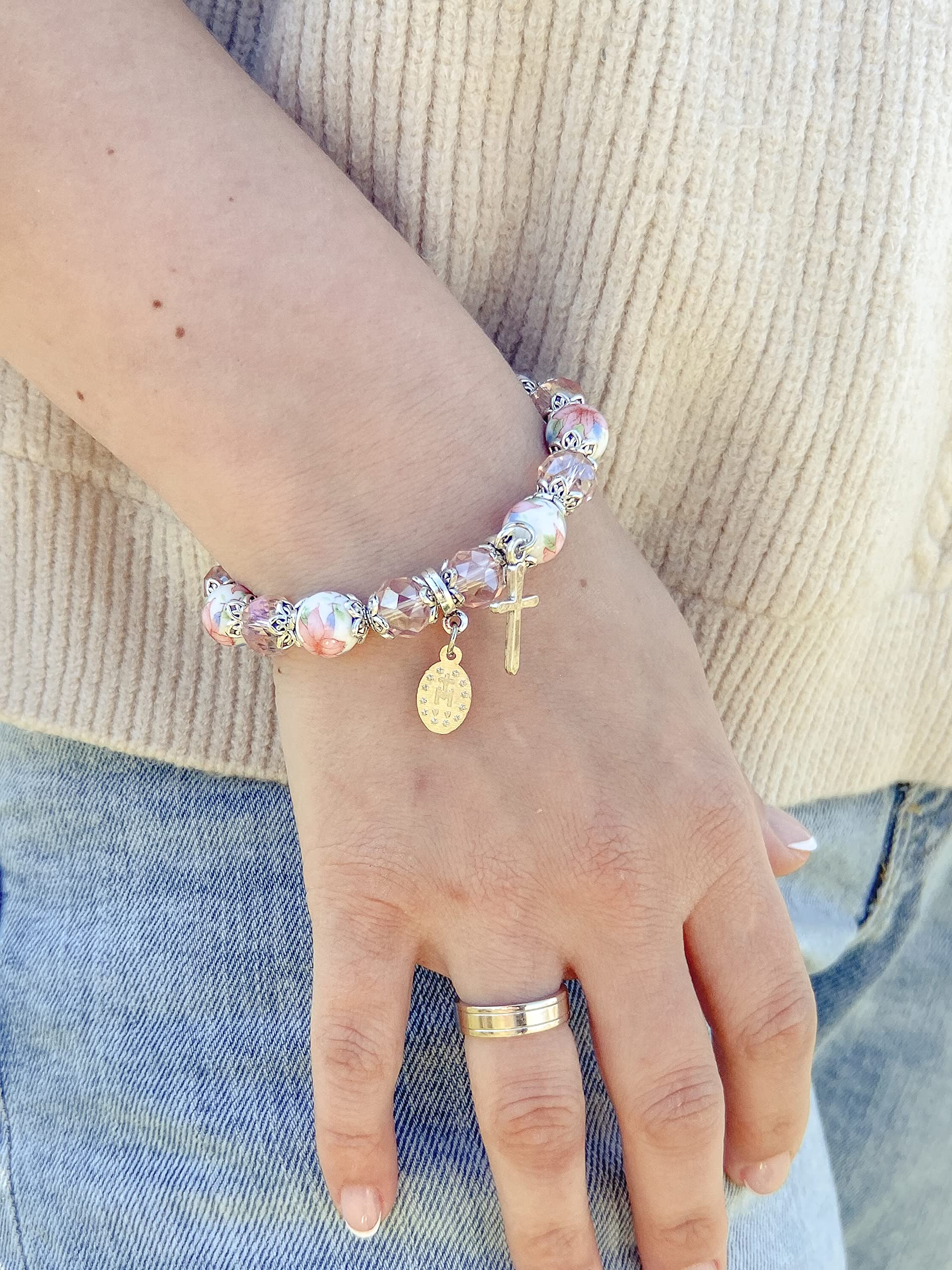 Nazareth Store Religious Cross Bracelet Pink Crystal Beaded Stretch Rosary Bracelet with Ceramic Flowers Beads Bangle Crucifix & Miraculous Medal Charm - Image 7