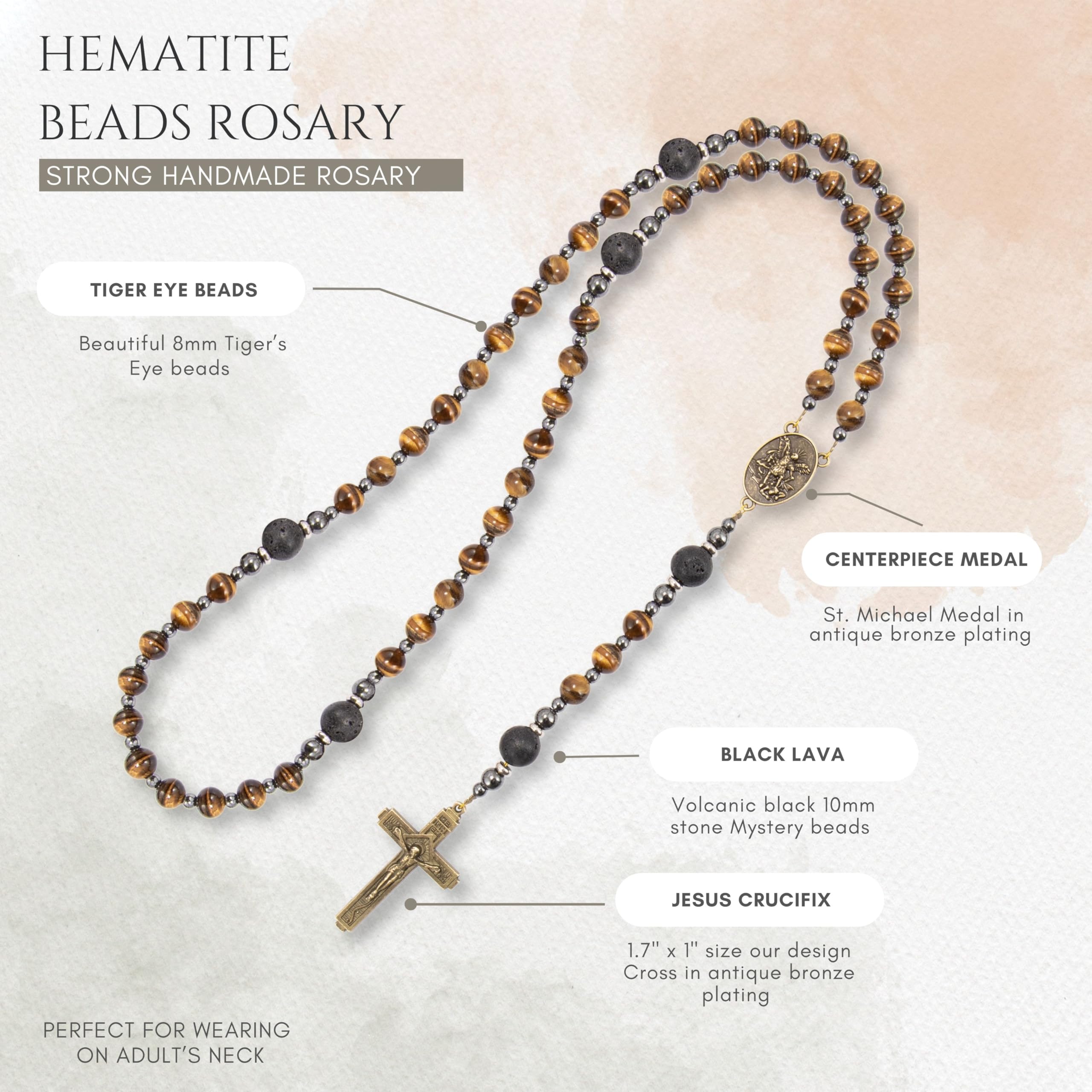 Nazareth Store Rosary Beads for Men, Catholic Rosary Necklace, Tiger Eye Beads Strong Rosary Cross Necklace in Portable Gift Box - Image 4