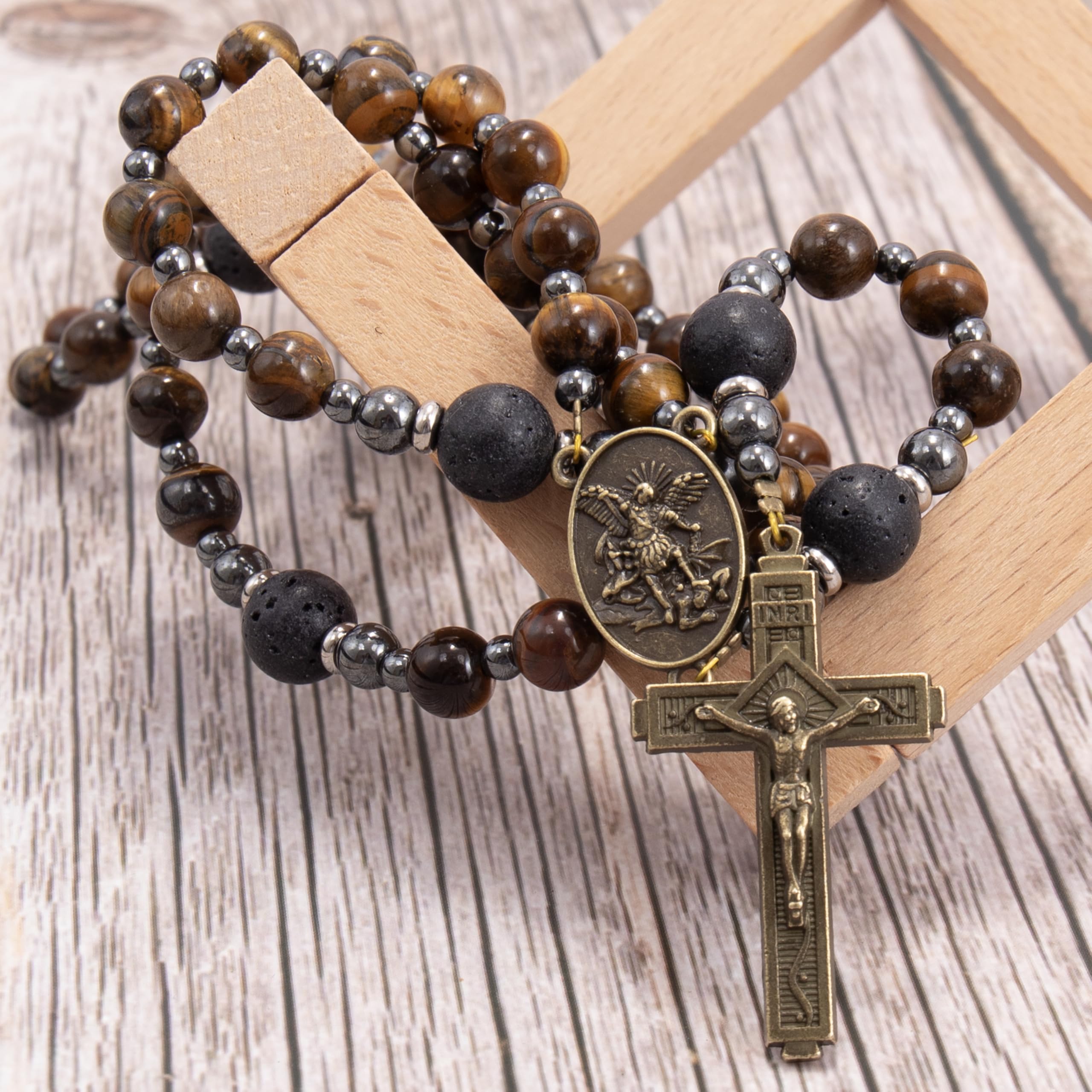 Nazareth Store Rosary Beads for Men, Catholic Rosary Necklace, Tiger Eye Beads Strong Rosary Cross Necklace in Portable Gift Box - Image 7