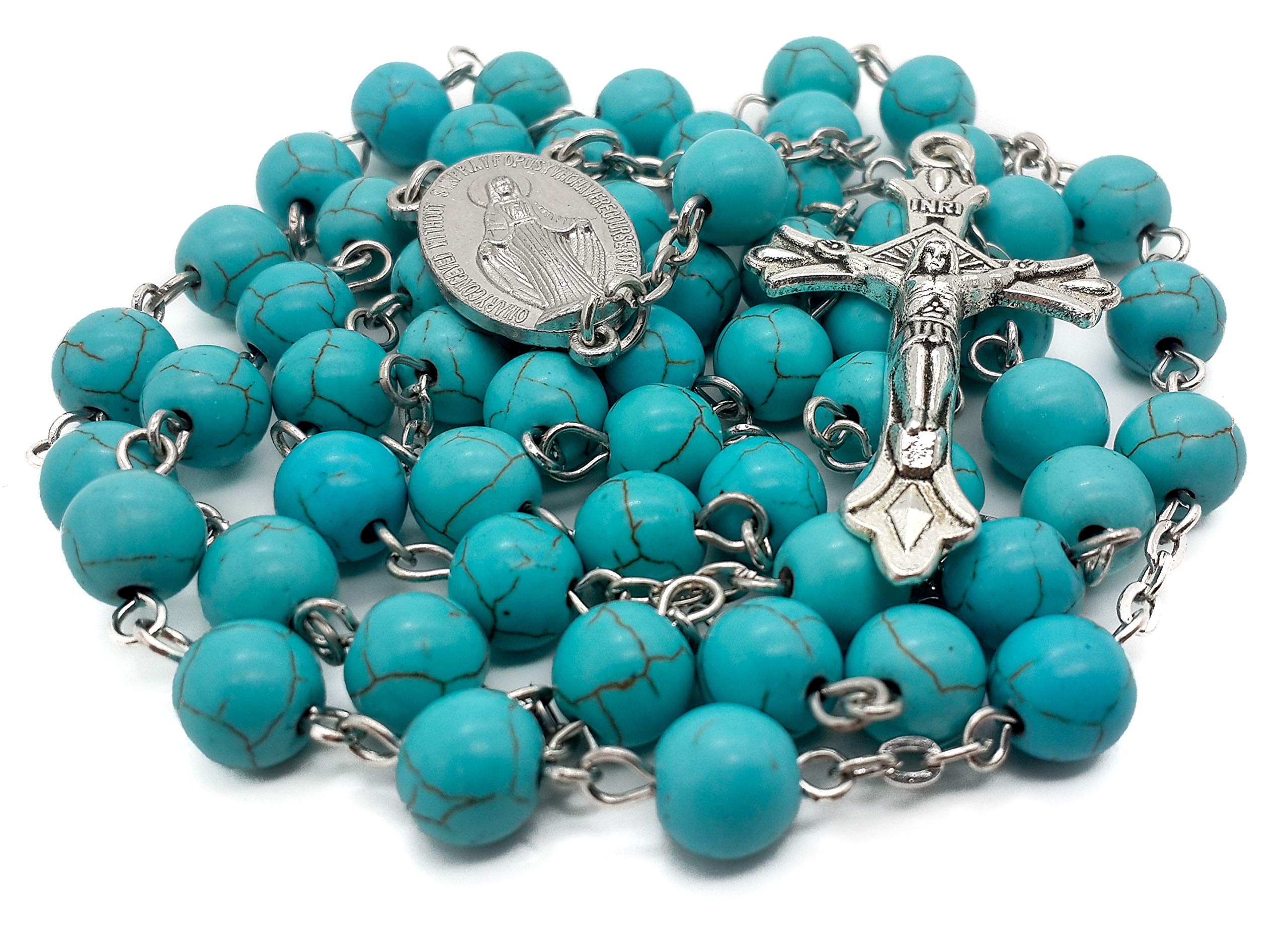 Nazareth Store Sky Blue Turquoise Stone Beads Rosary Prayer Necklace Catholic Miraculous Medal & Jesus Cross - Image 3