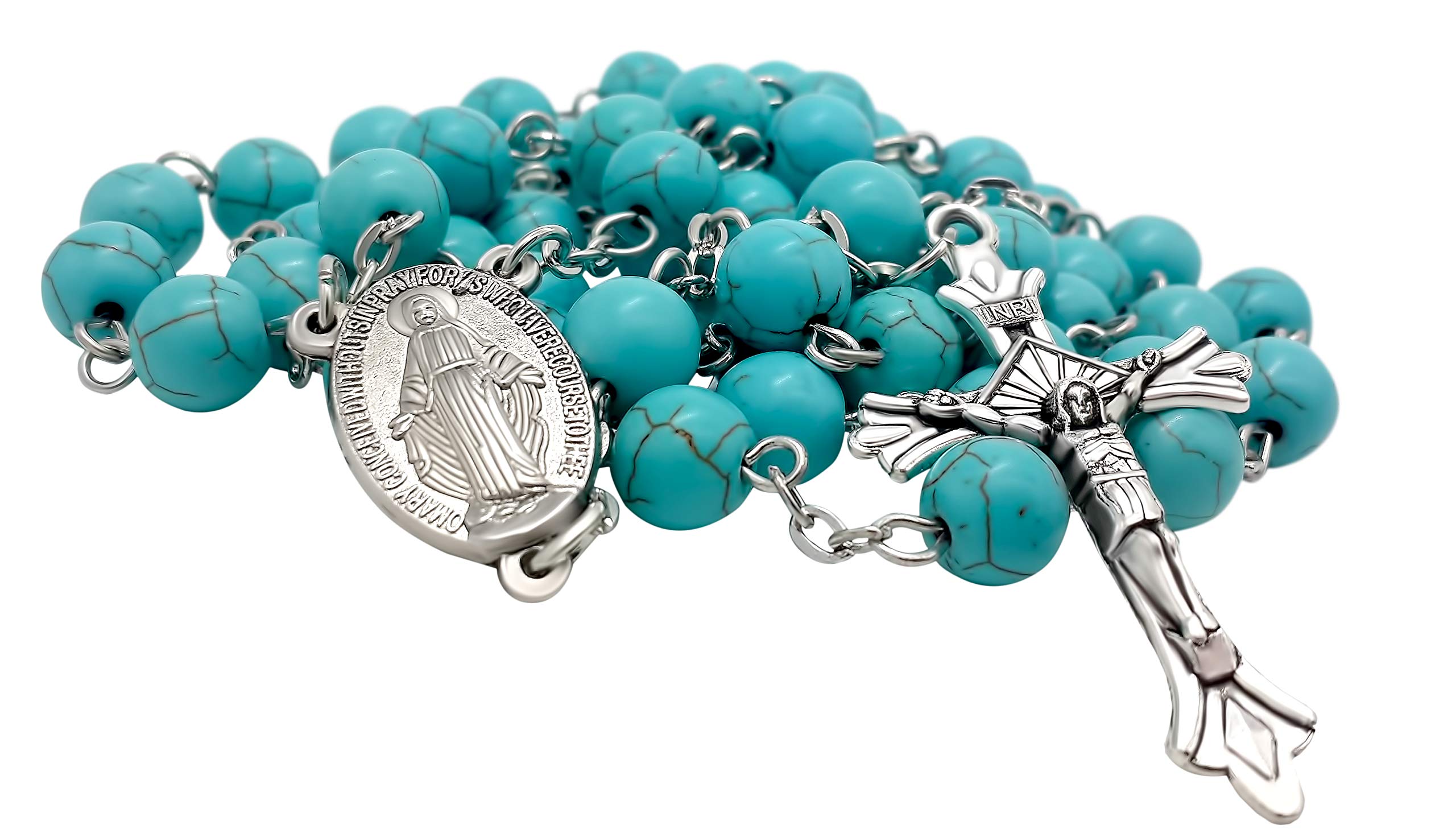 Nazareth Store Sky Blue Turquoise Stone Beads Rosary Prayer Necklace Catholic Miraculous Medal & Jesus Cross - Image 7