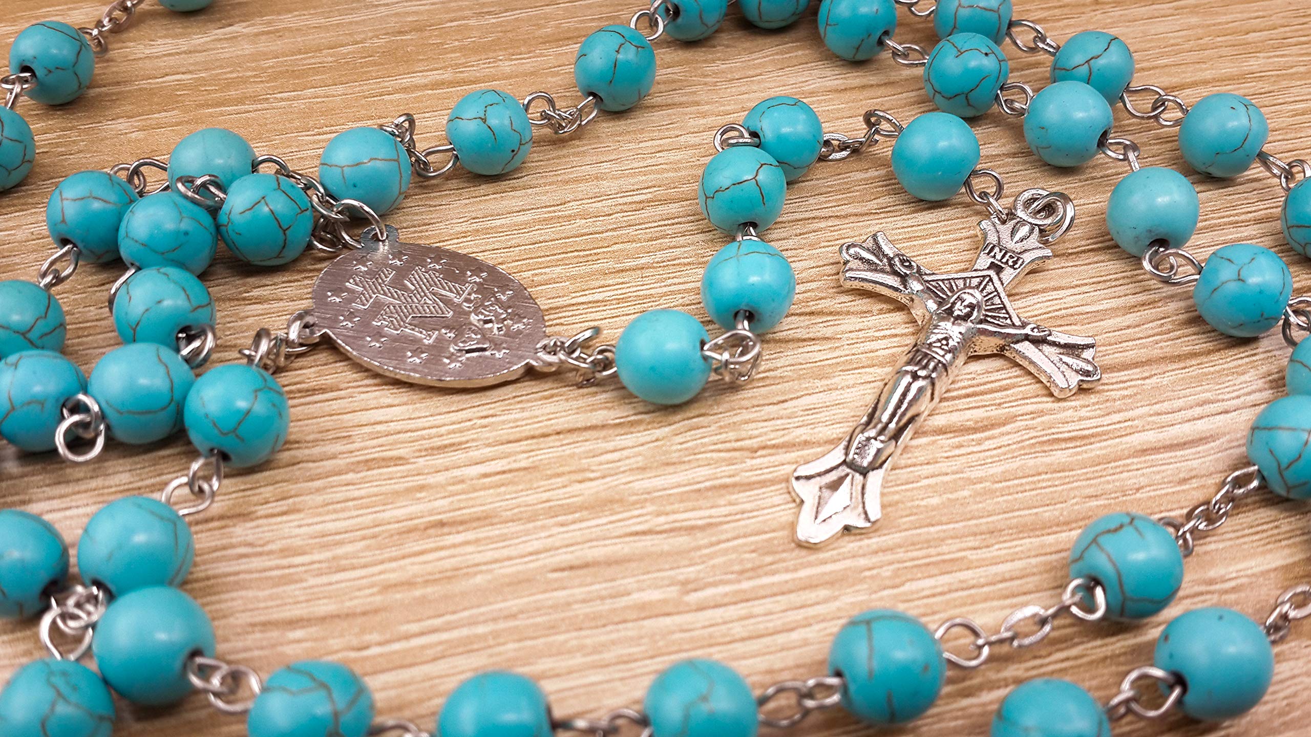 Nazareth Store Sky Blue Turquoise Stone Beads Rosary Prayer Necklace Catholic Miraculous Medal & Jesus Cross - Image 8
