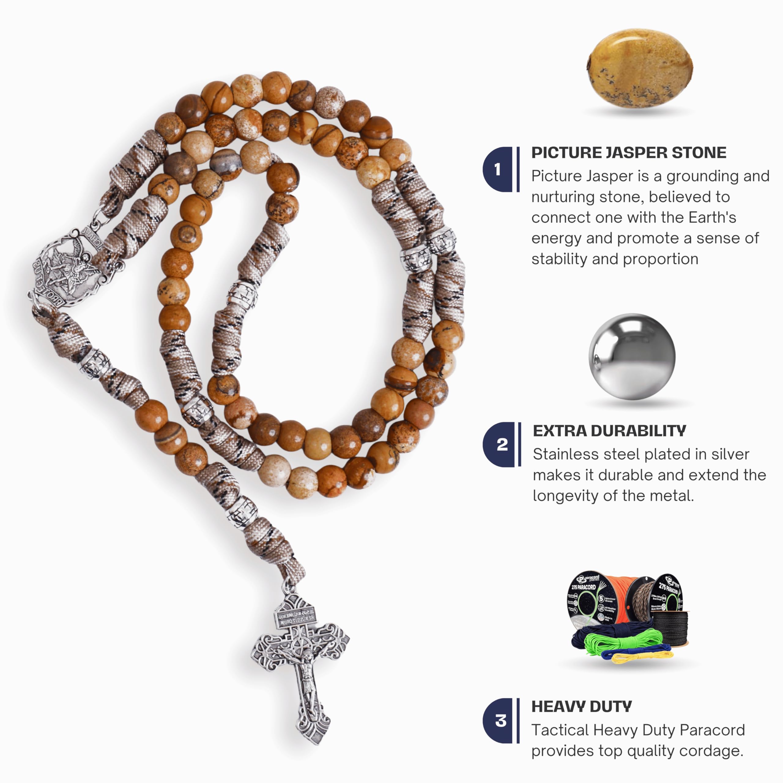 Nazareth Store St Michael Paracord Rosary, Rugged Rosary Necklace and One Decade Heavy Duty Rosary Set, Natural Stone Beads with Catholic Pardon Crucifix - Image 4