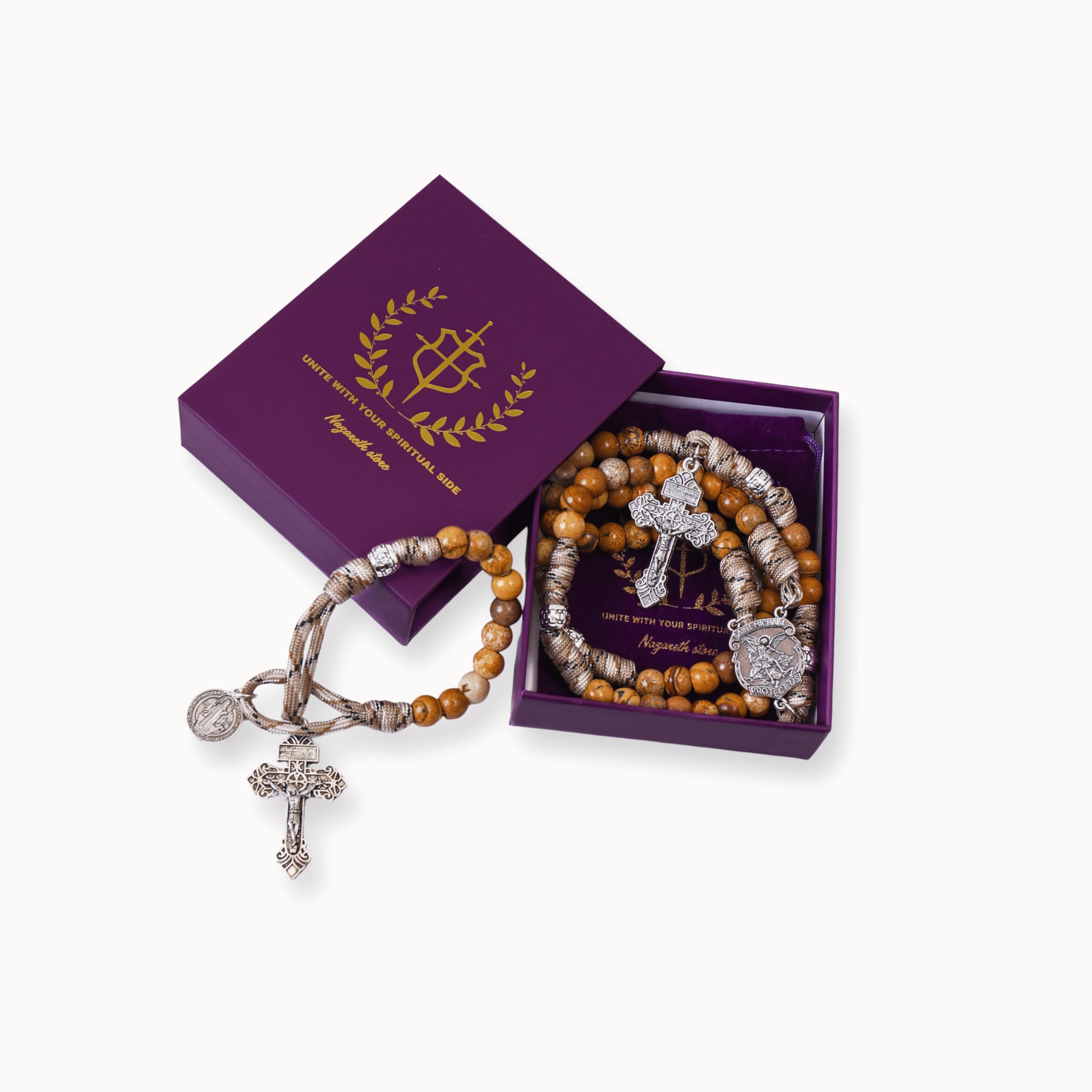 Nazareth Store St Michael Paracord Rosary, Rugged Rosary Necklace and One Decade Heavy Duty Rosary Set, Natural Stone Beads with Catholic Pardon Crucifix - Image 7