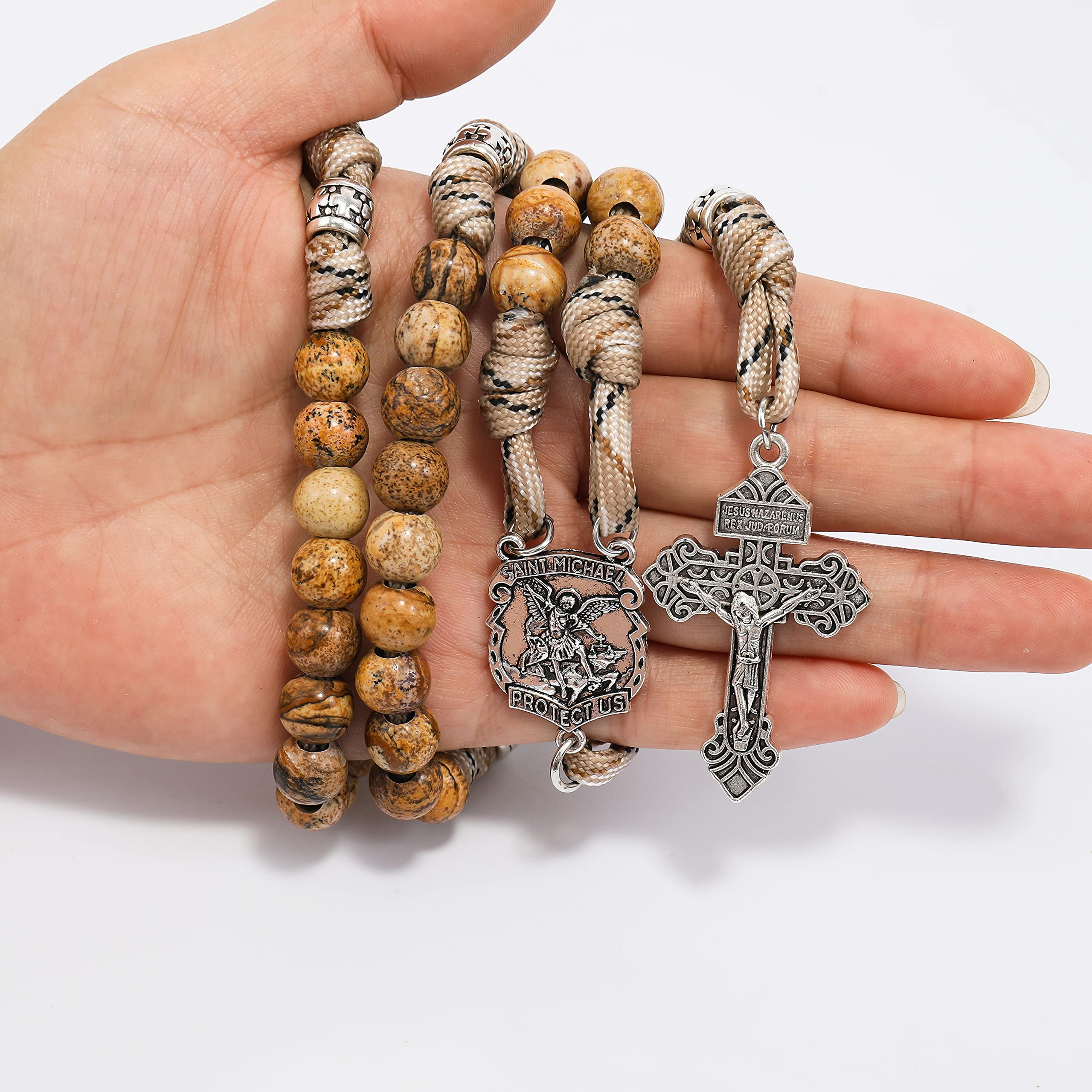Nazareth Store St Michael Paracord Rosary, Rugged Rosary Necklace and One Decade Heavy Duty Rosary Set, Natural Stone Beads with Catholic Pardon Crucifix - Image 8