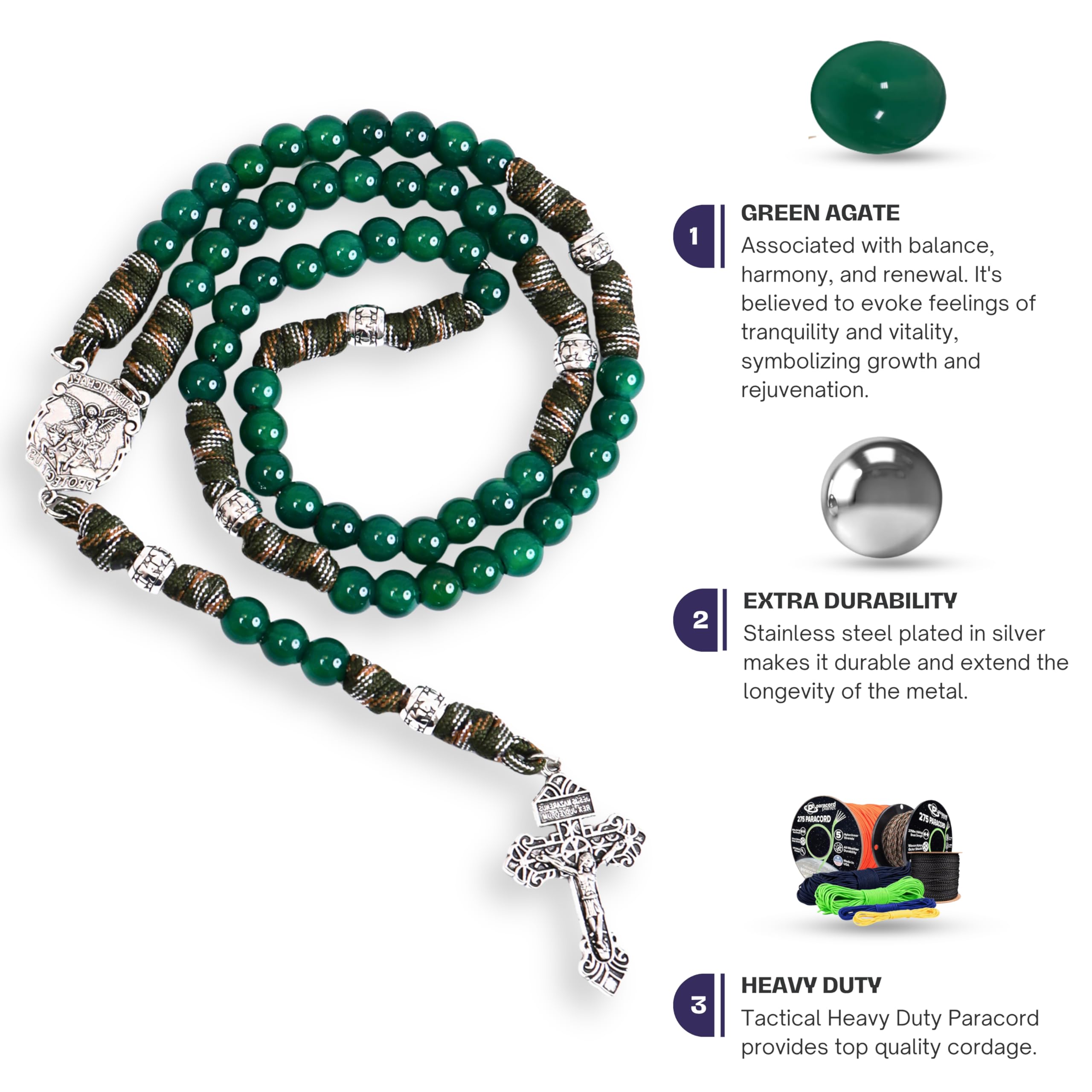 Nazareth Store St Michael Paracord Rosary, Rugged Rosary Necklace and One Decade Heavy Duty Rosary Set, Natural Stone Beads with Catholic Pardon Crucifix - Image 7