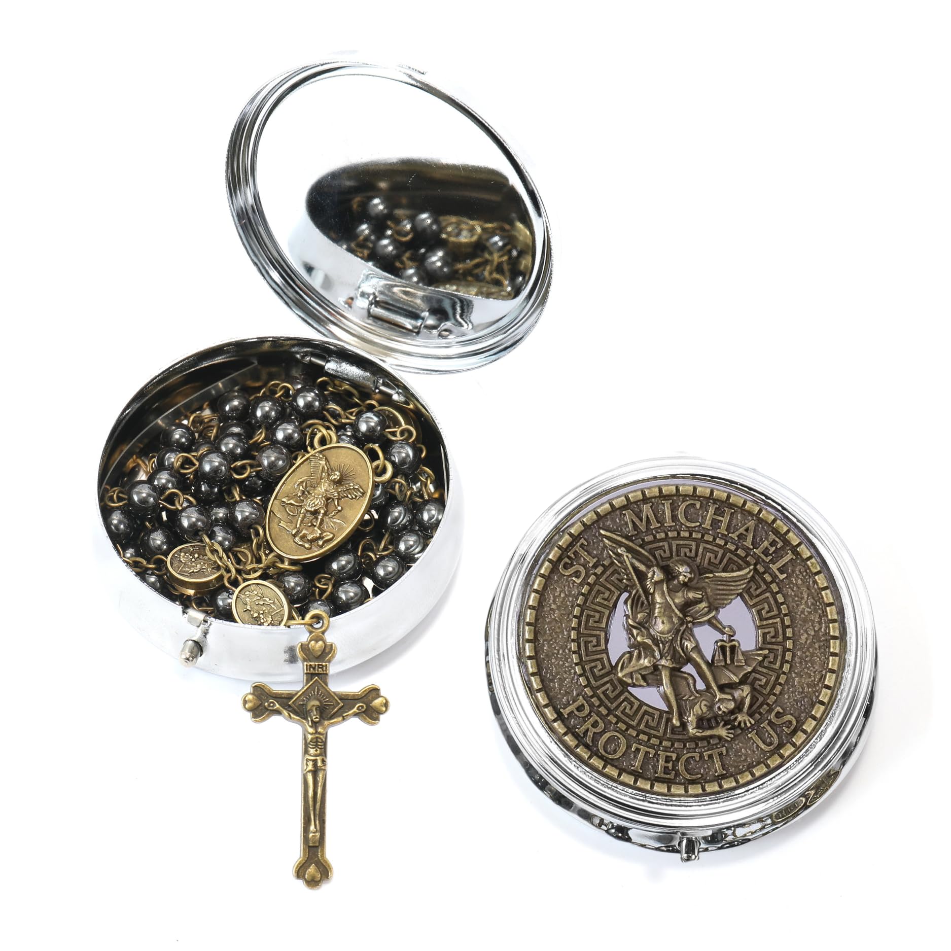 Nazareth Store St Michael Rosary Hematite Stone Beads Necklace Metal Beaded Glory Beads Archangel Medal & Cross with Metal Gift Box - Image 3