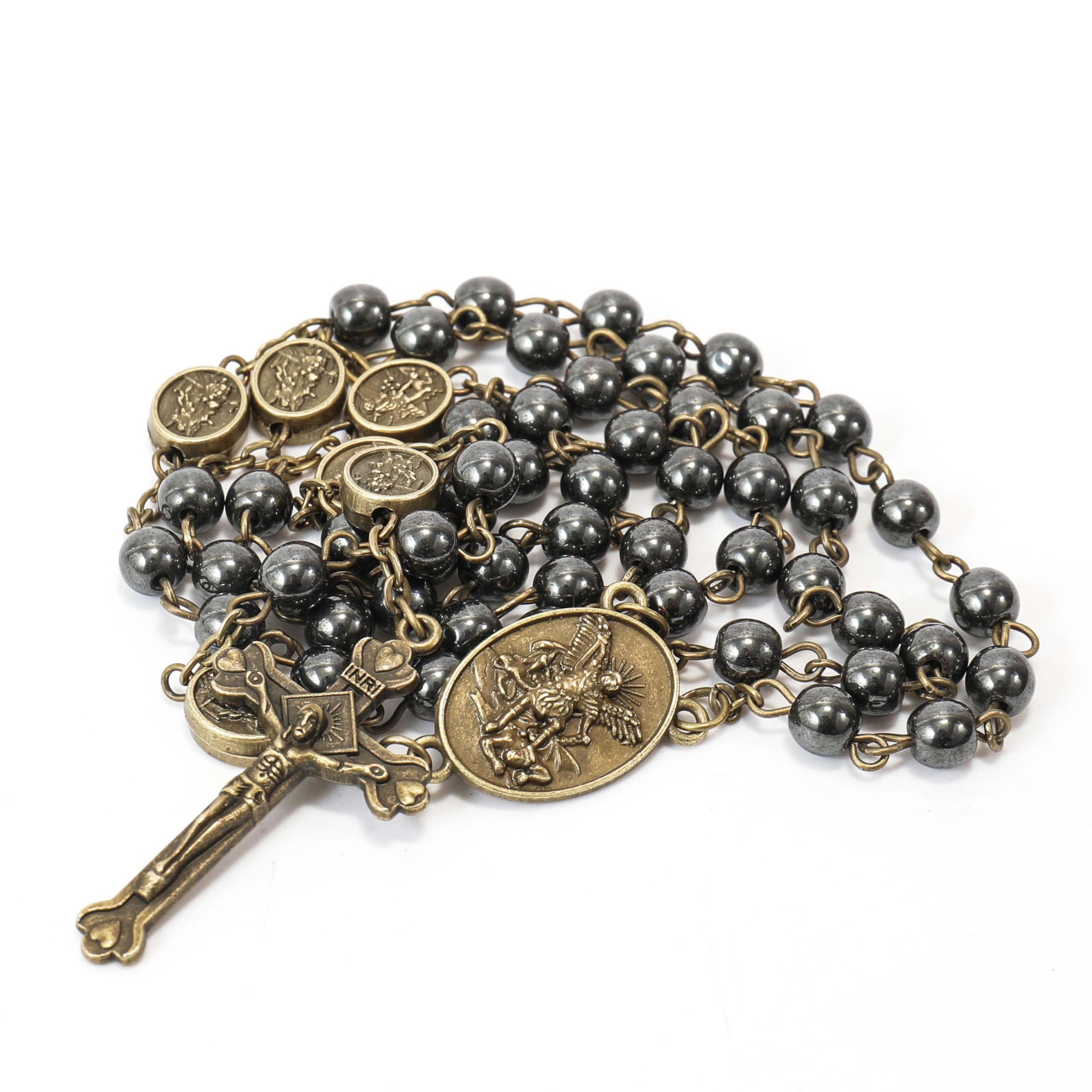 Nazareth Store St Michael Rosary Hematite Stone Beads Necklace Metal Beaded Glory Beads Archangel Medal & Cross with Metal Gift Box - Image 4