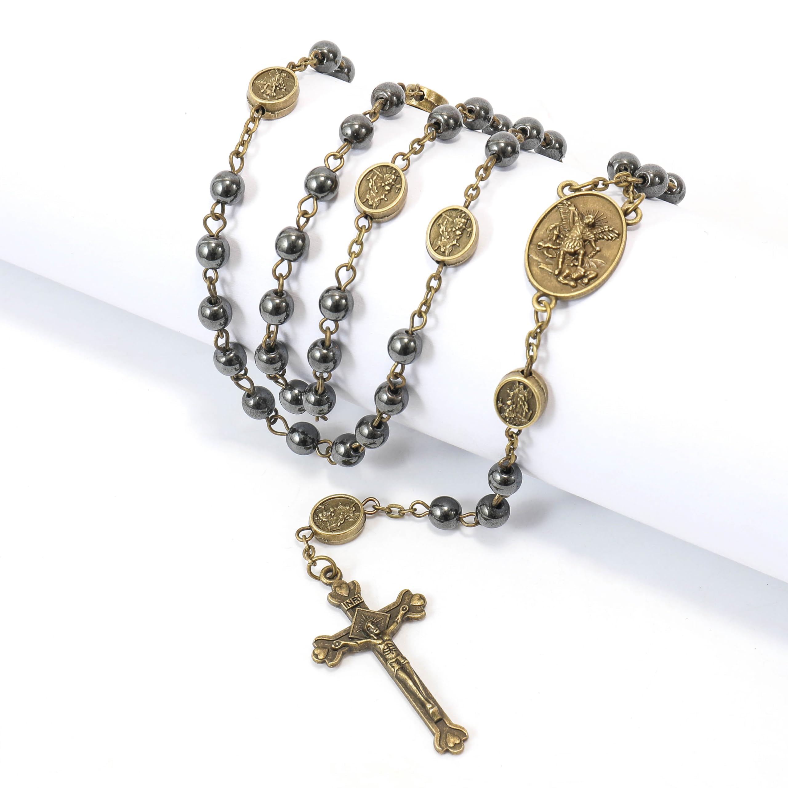 Nazareth Store St Michael Rosary Hematite Stone Beads Necklace Metal Beaded Glory Beads Archangel Medal & Cross with Metal Gift Box - Image 5
