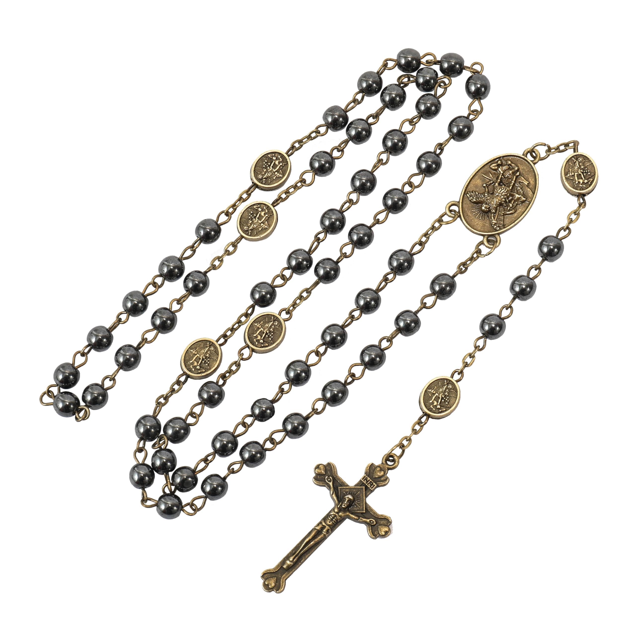 Nazareth Store St Michael Rosary Hematite Stone Beads Necklace Metal Beaded Glory Beads Archangel Medal & Cross with Metal Gift Box - Image 6