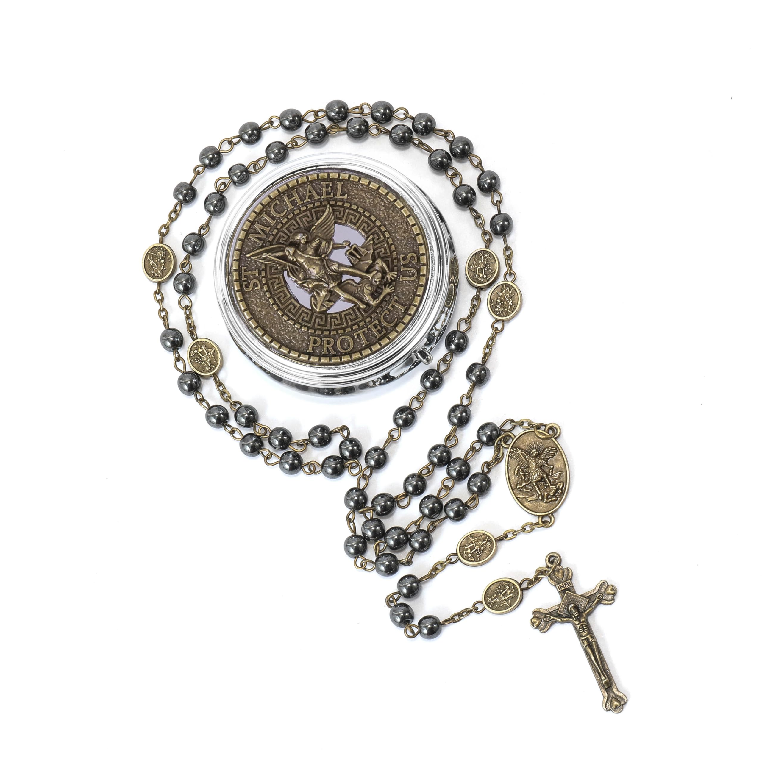 Nazareth Store St Michael Rosary Hematite Stone Beads Necklace Metal Beaded Glory Beads Archangel Medal & Cross with Metal Gift Box - Image 7