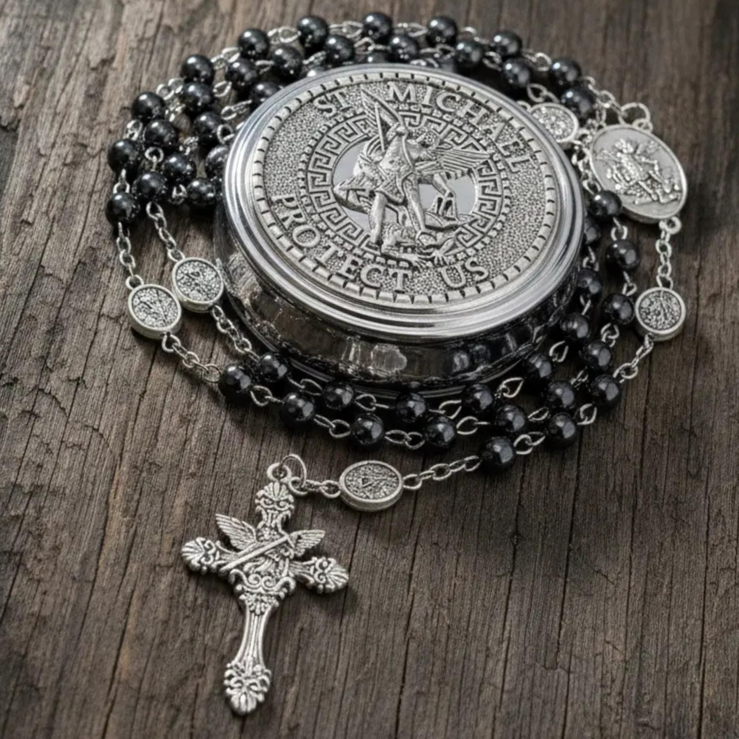 Nazareth Store St Michael Rosary Hematite Stone Beads Necklace Metal Beaded Glory Beads Archangel Medal & Cross with Metal Gift Box - Image 3
