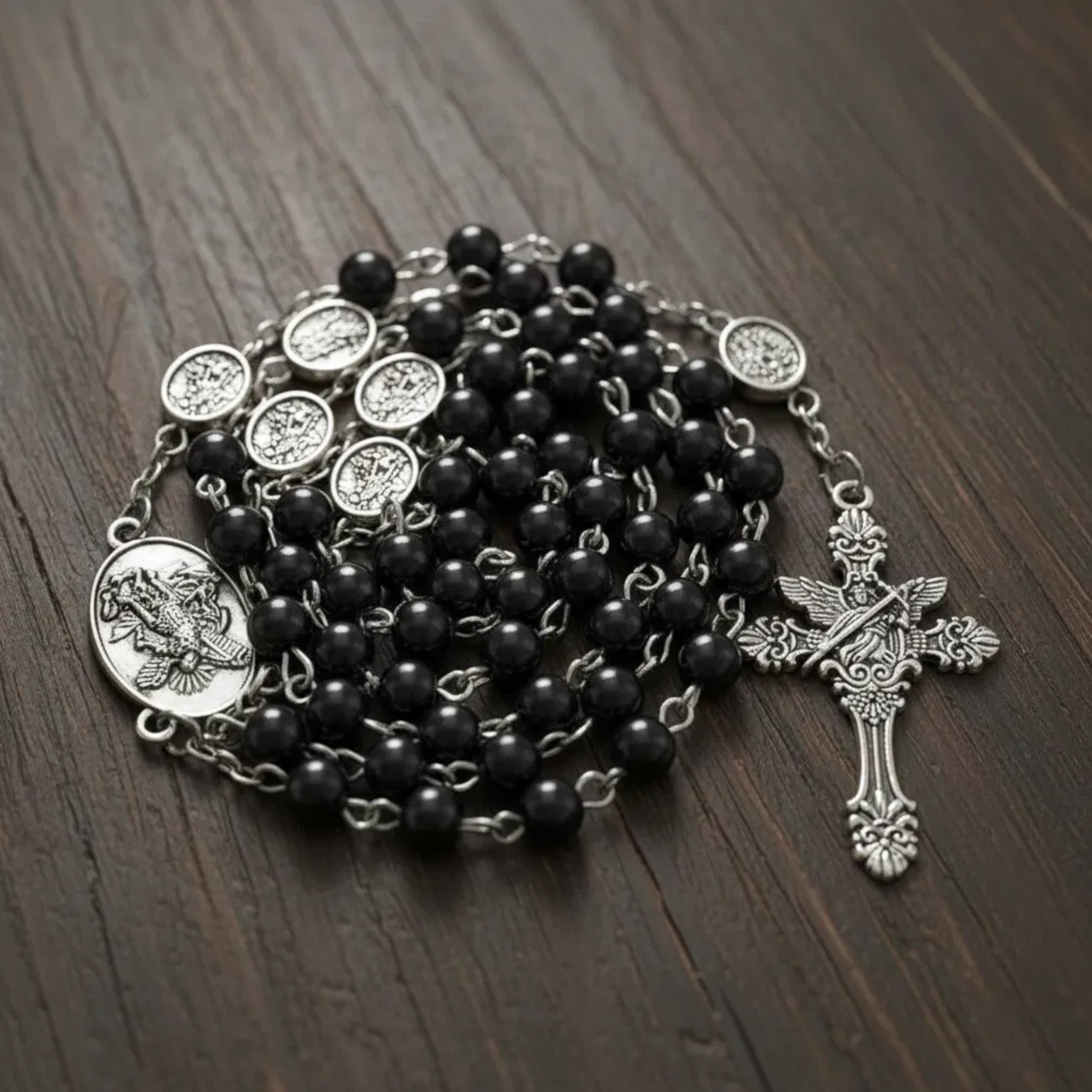 Nazareth Store St Michael Rosary Hematite Stone Beads Necklace Metal Beaded Glory Beads Archangel Medal & Cross with Metal Gift Box - Image 4