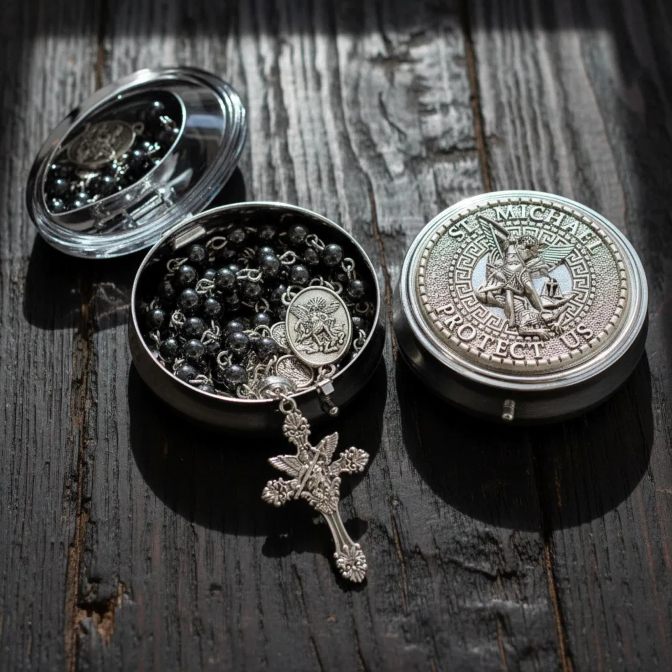 Nazareth Store St Michael Rosary Hematite Stone Beads Necklace Metal Beaded Glory Beads Archangel Medal & Cross with Metal Gift Box - Image 5