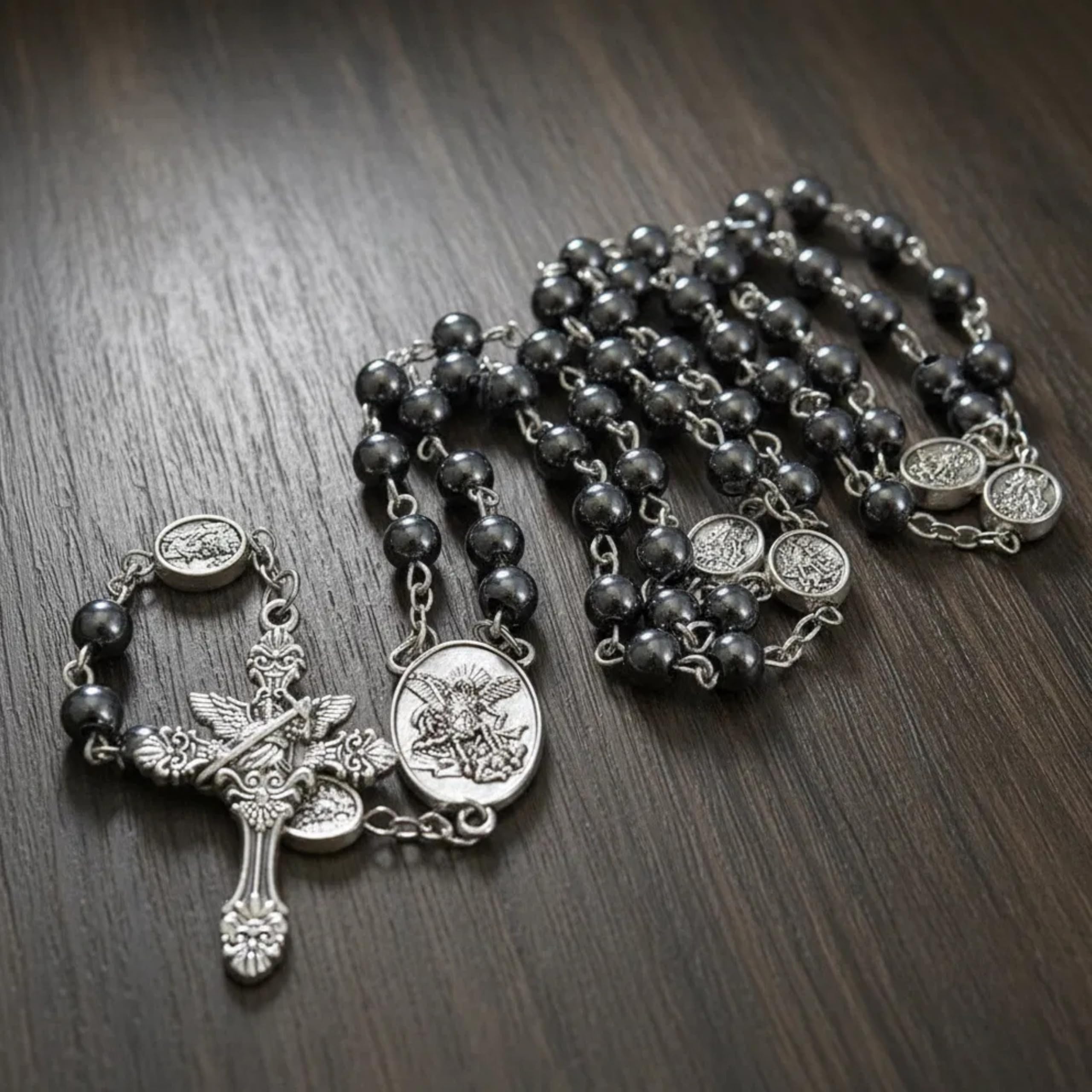 Nazareth Store St Michael Rosary Hematite Stone Beads Necklace Metal Beaded Glory Beads Archangel Medal & Cross with Metal Gift Box - Image 6